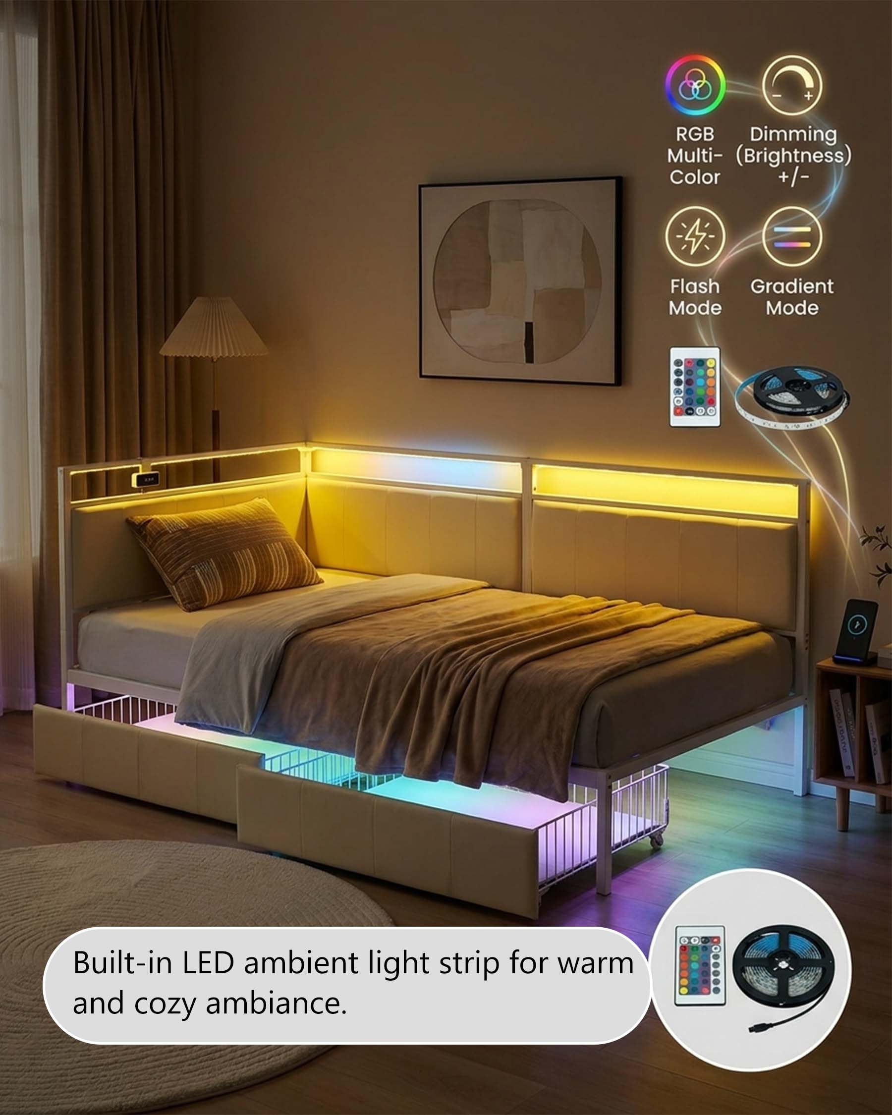 Cama para adolescentes, 90 x 200 cm, sofá cama, cama de día con almacenamiento, cama tapizada con cabecera acolchada, marco de cama de metal, blanco/beige, terciopelo