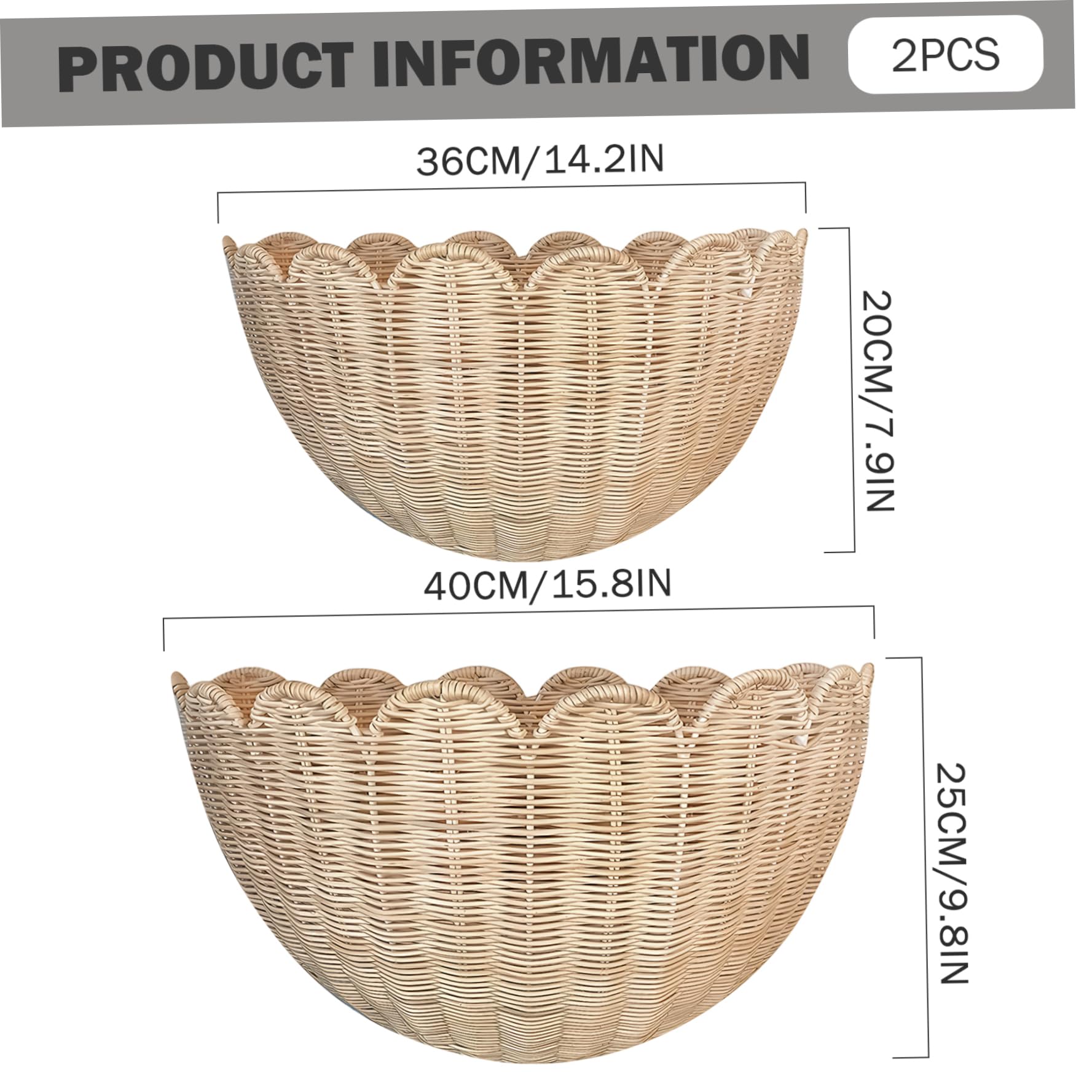 Lot de 2 paniers muraux décoratifs tissés à la Main, Style bohème festonné, Rangement et décoration en rotin pour la Maison, la Salle de Bain, la Cuisine, Le Salon, 2 Tailles