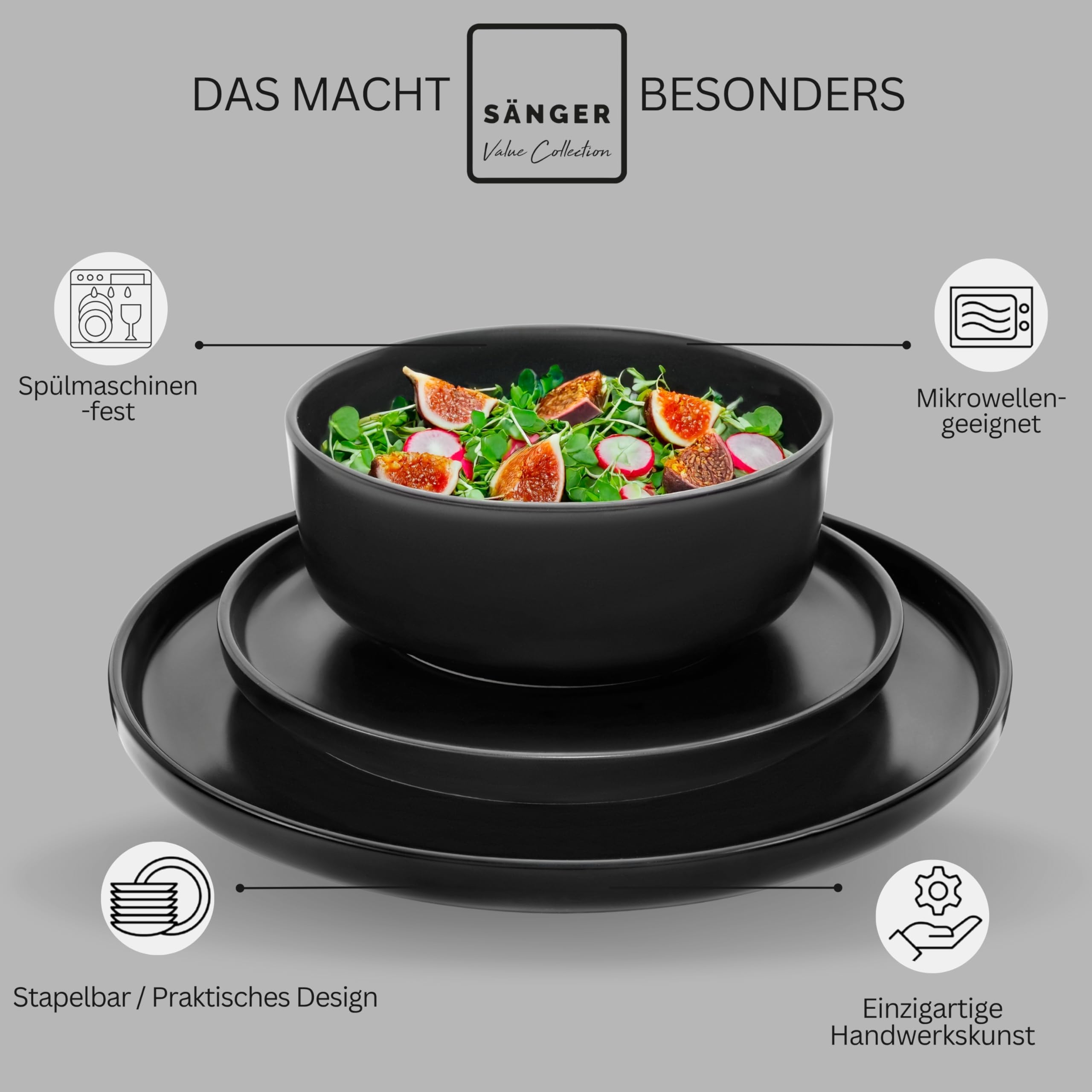 SÄNGER Madeira | Kombiservice 6 Personen, Teller Set matt Kaffeebecher Pastaschalen 30 tlg, Steingut Geschirr Set spülmaschinen- mikrowellen, Geschirrset aus Steingut schwarz | VALUE COLLECTION