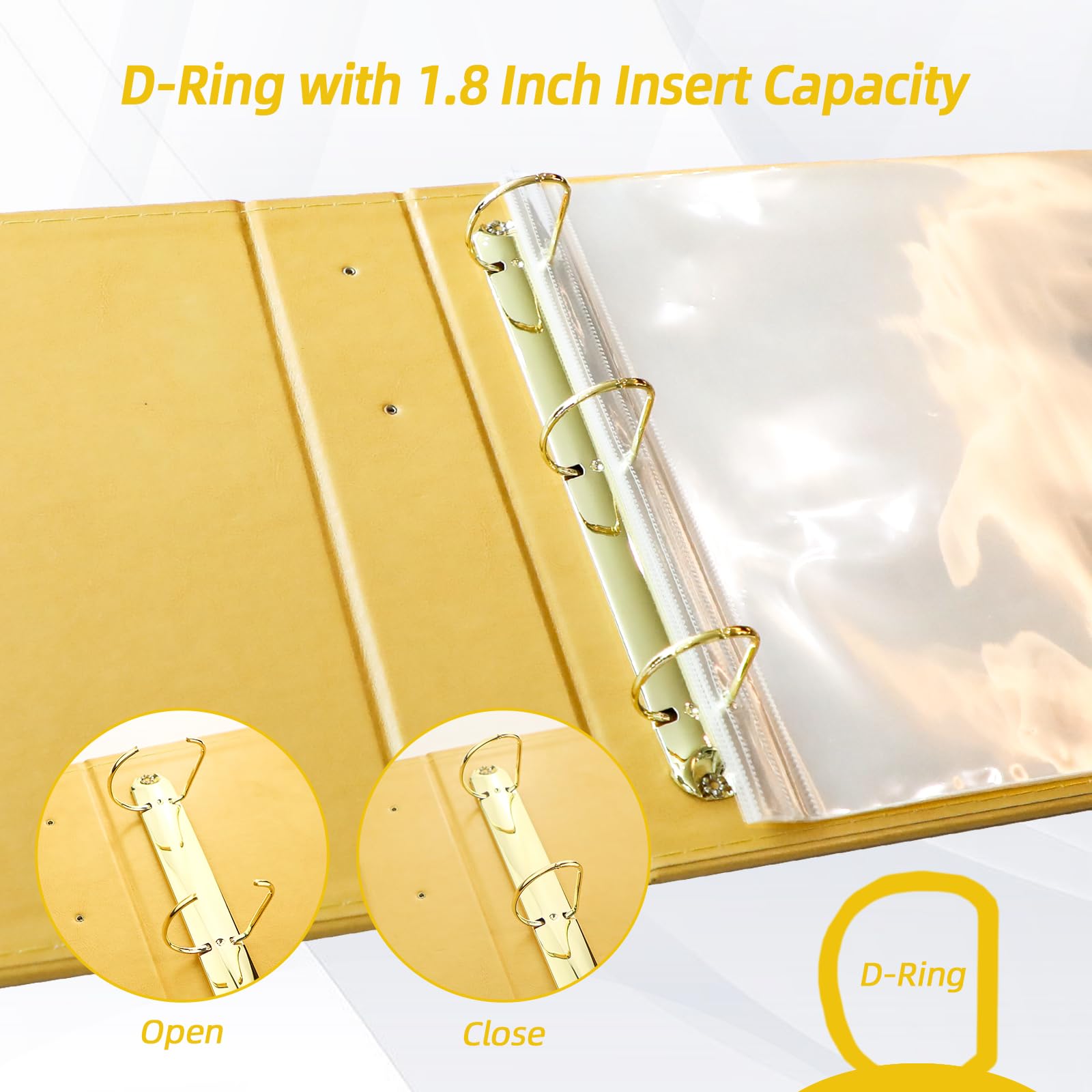 Álbum de fotos de 12 x 12 pulgadas, carpeta de 3 anillas, cubierta de piel, álbum de recortes de 12 x 12 pulgadas, anillo en D con 10 fundas de plástico, color amarillo