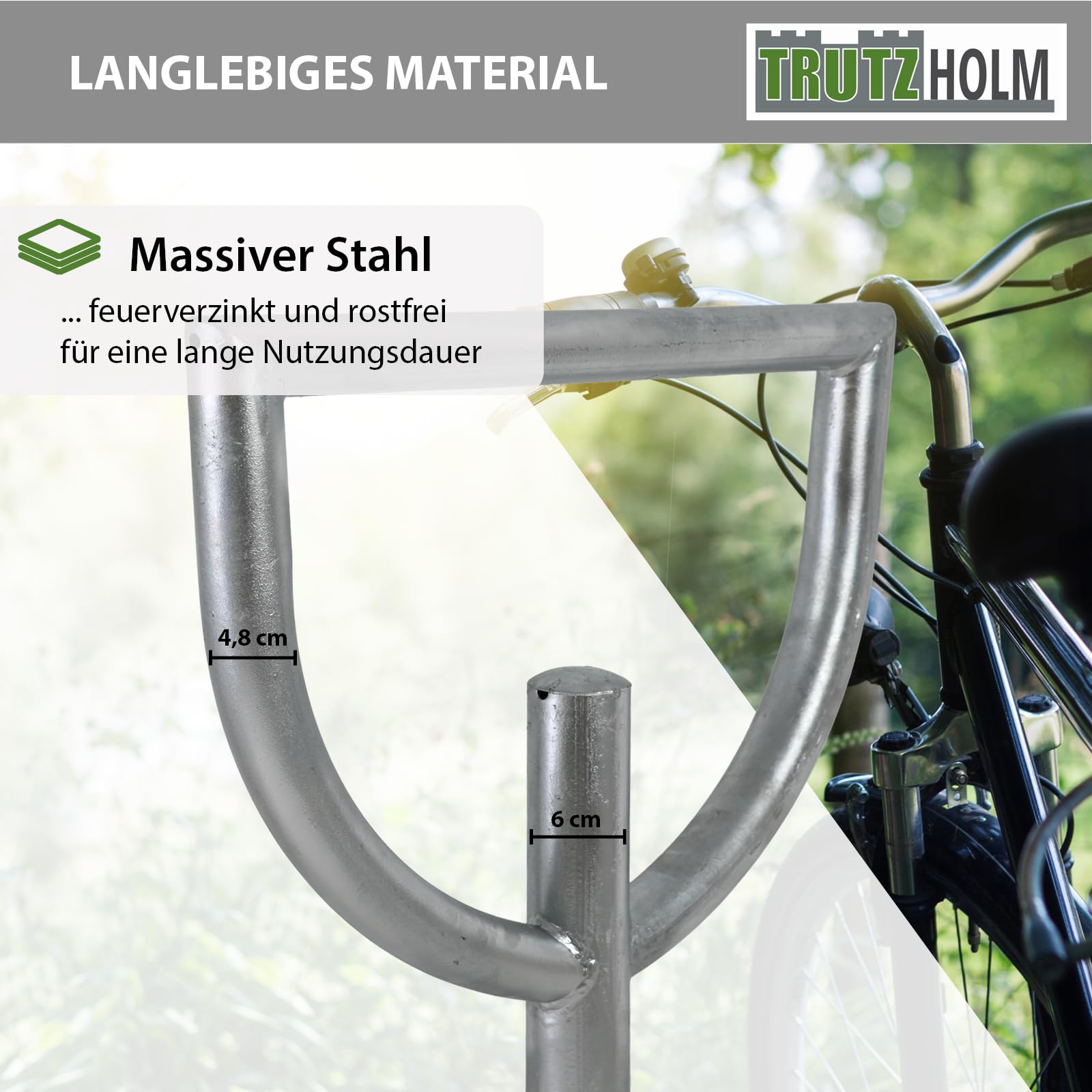 TRUTZHOLM Fahrradanlehnbügel 115x56 cm Stahl feuerverzinkt Rohrdurchmesser Ø 60 mm Fahrradständer zum Einbetonieren inkl. Bodenqueranker Parker Anlehnbügel Fahrradanlehner für 2 Fahrräder