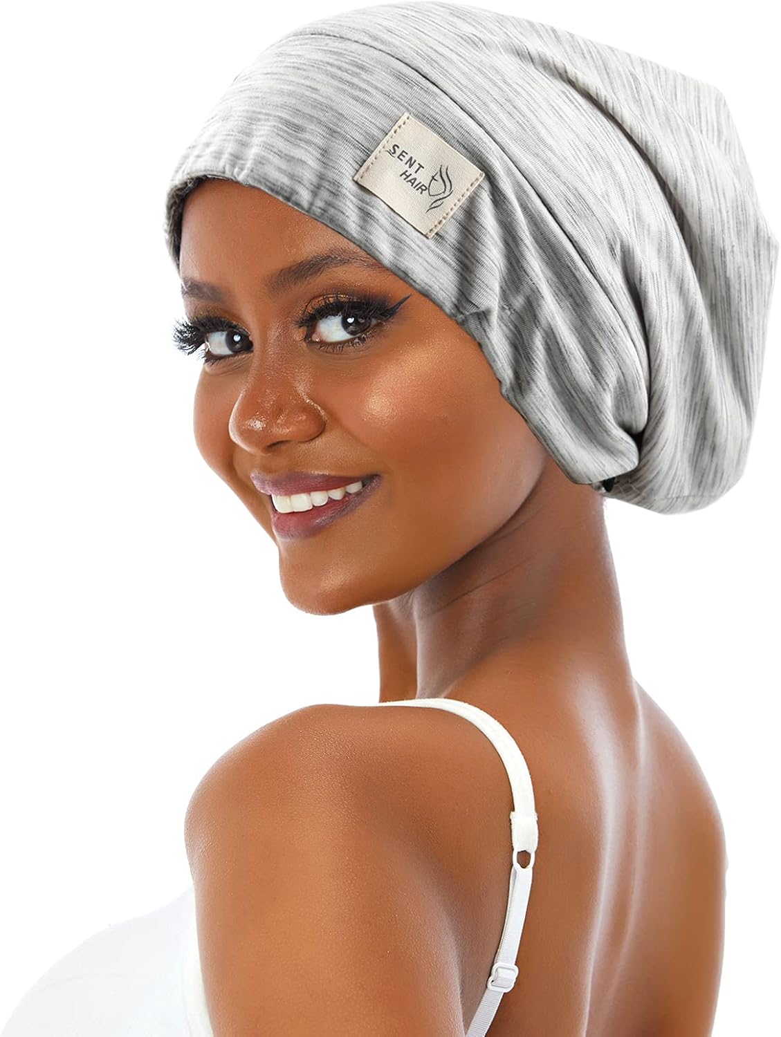 Satin Lined Bonnet for Women Hair Cover Bonnet Adjustable Night Sleeping Cap Slouchy Beanie Hat for Long Curly Hair,Braids,Dreadlocks(Light Gray)