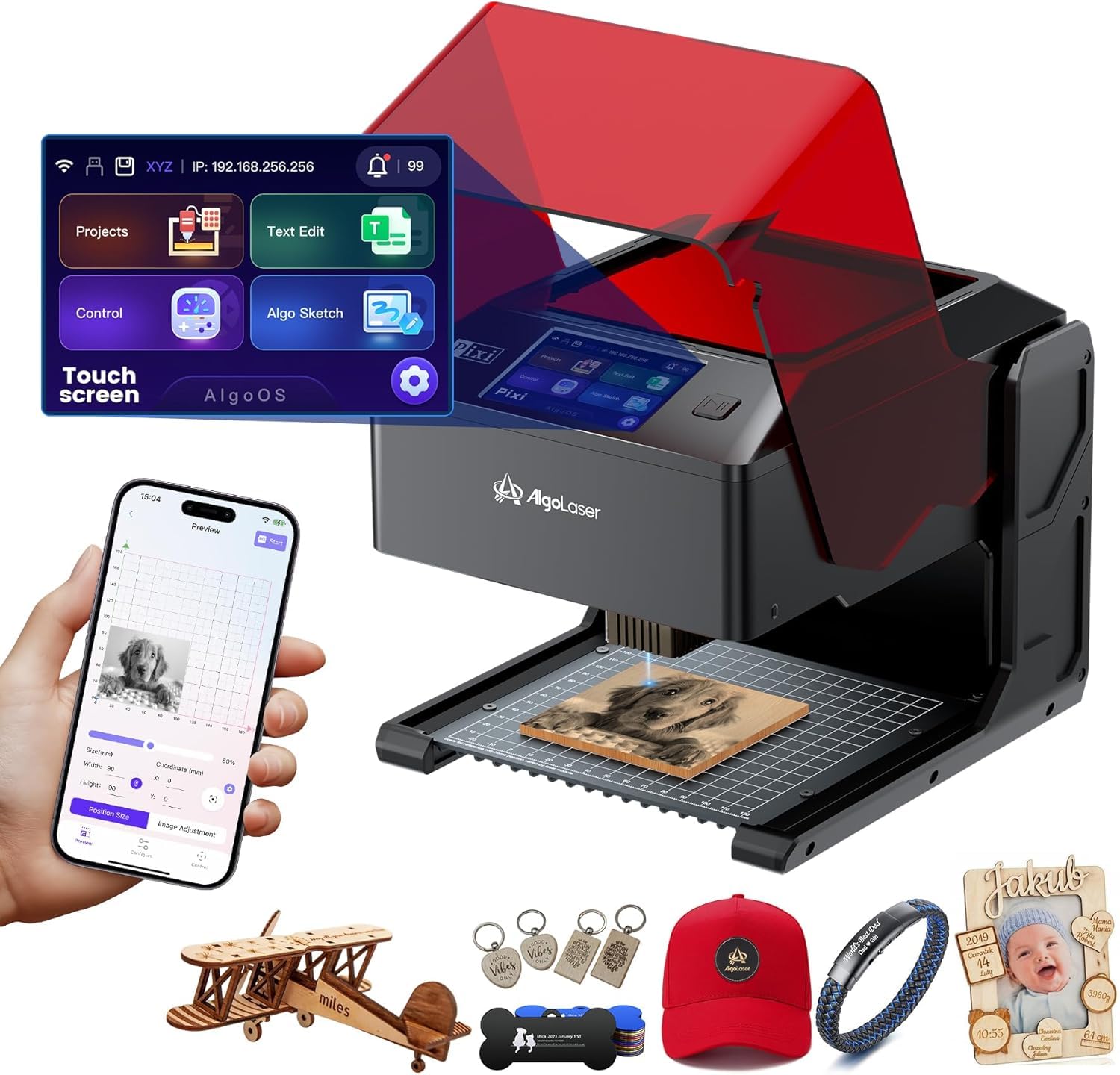 AlgoLaser 5W Smart Laser Engraver Machine: Portable Laser Engraver with 3.5" Touchscreen & 2.0 AlgoOS System - Hand Draw/Wireless Transmission/SD Card/Offline - Laser Engraving for Wood, Leather