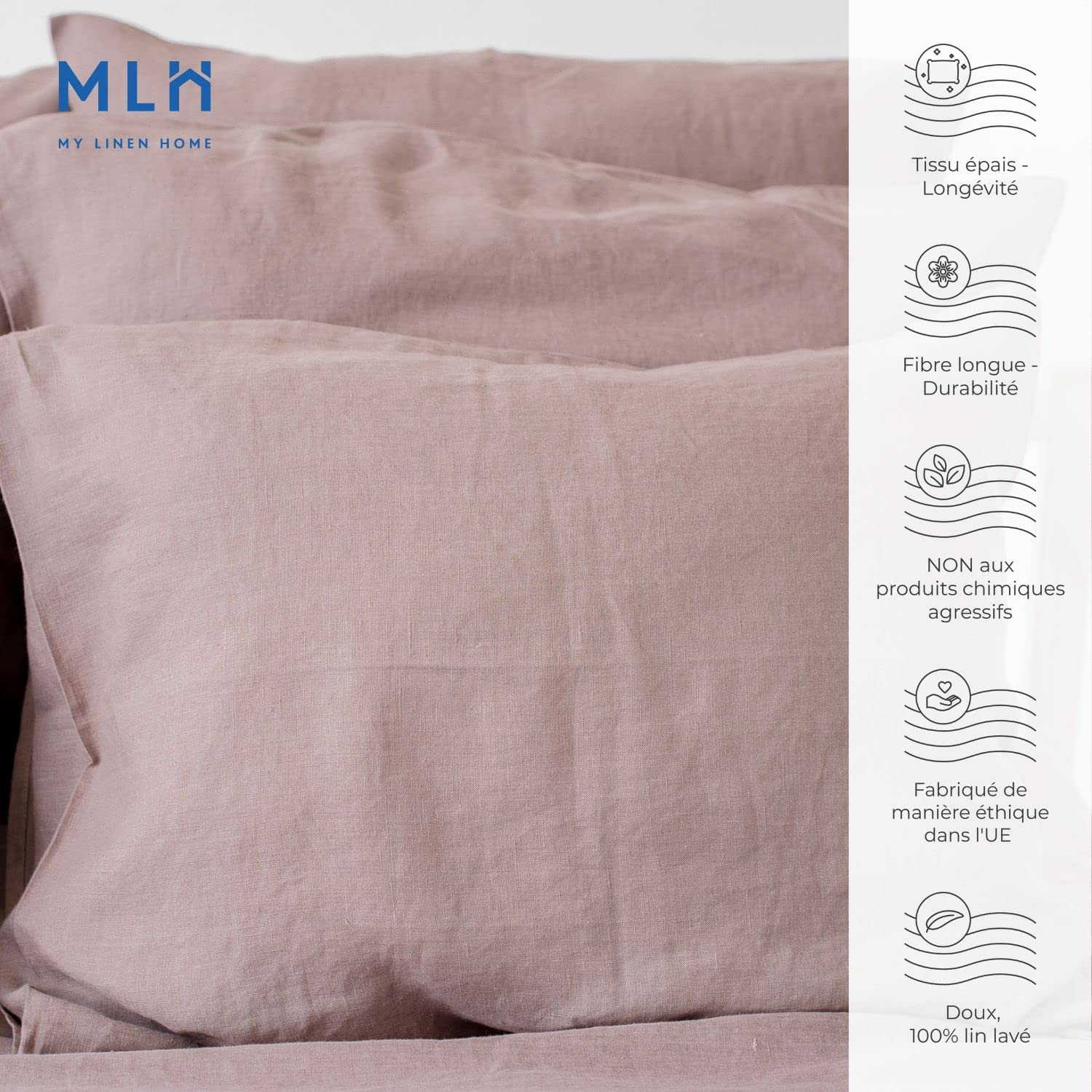 Linen Home Taie Oreiller 65x65 Llot de 2 | Oreiller en Lin 100% Rose Poudré avec Fermetures à Revers | Hypoallergénique, Thermorégulation et Respirant pour Toutes Les Saisons