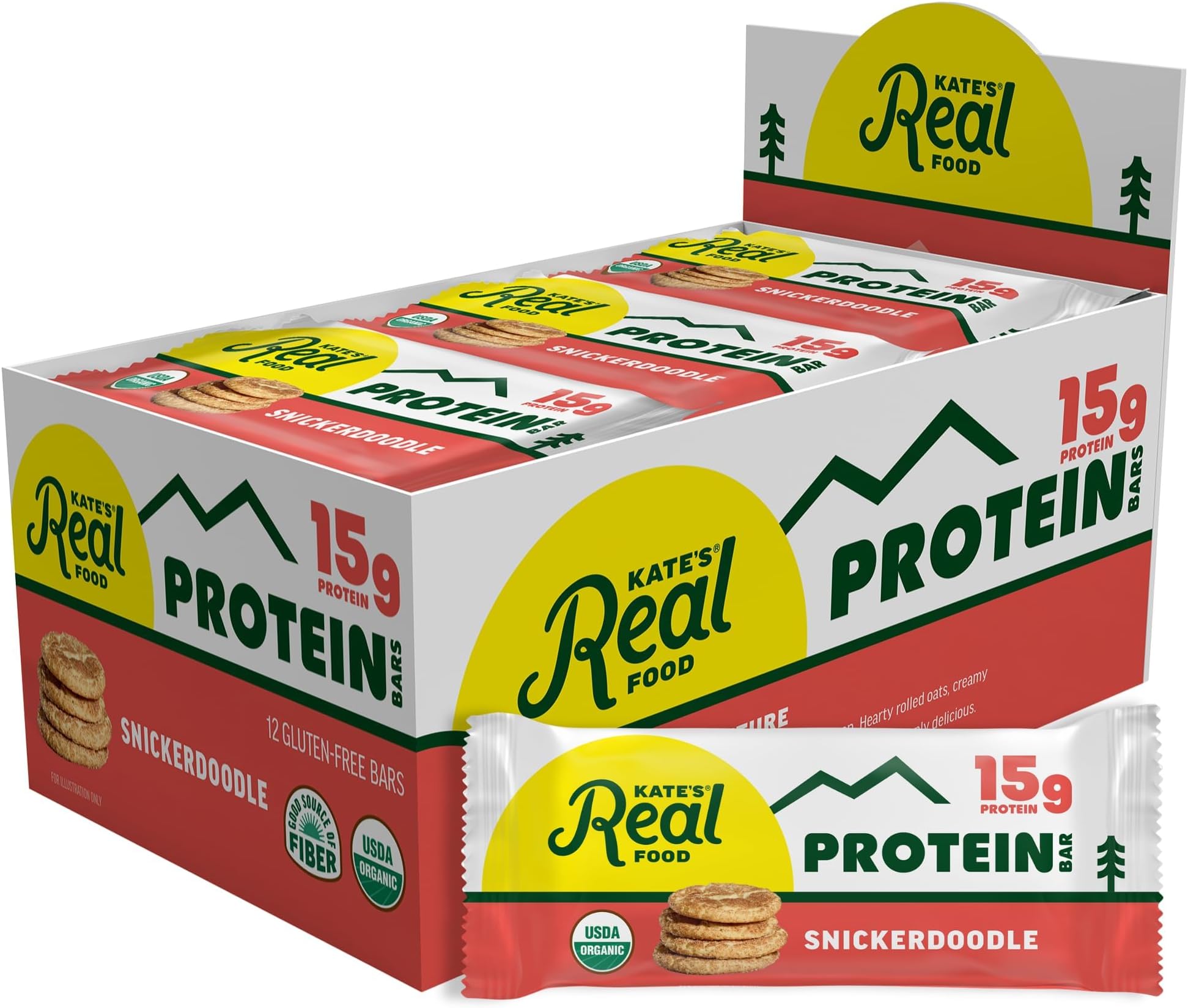 Kate’s Real Food Organic Protein Bars – (Snickerdoodle, 2.2 oz, Pack of 12) – Plant Based Protein Bars - Gluten Free, Soy Free, Non GMO, Whole Grains, and All Natural
