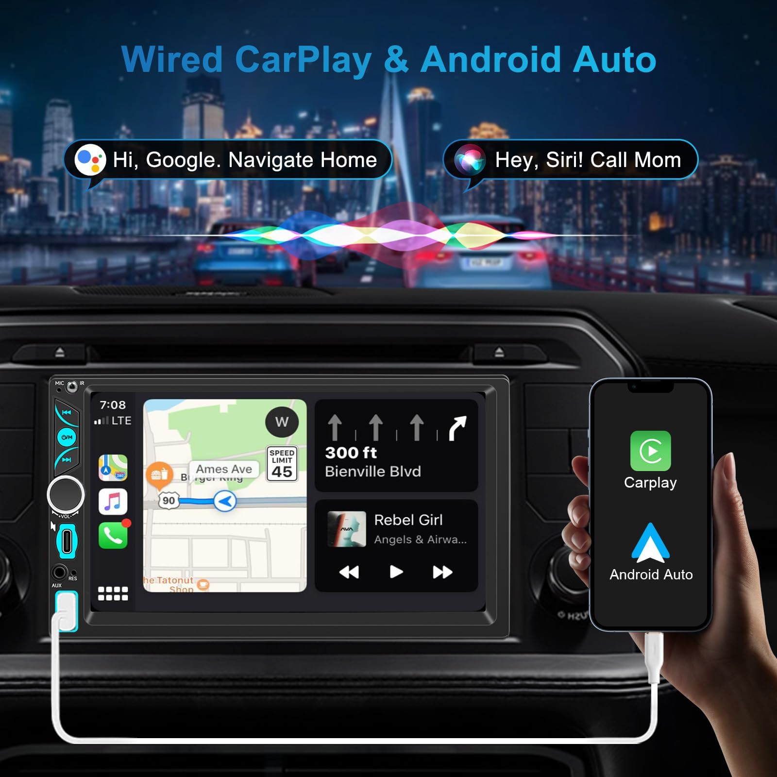 Radio Coche 2 DIN con Wired CarPlay&Android Auto,7" HD Carplay Coche con Pantalla táctil,Autoradio con Bluetooth,Mirror Link,FM,AUX,Cámara de Respaldo,Navegación GPS,Control por Voz,Type-C,USB,SWC — view 2