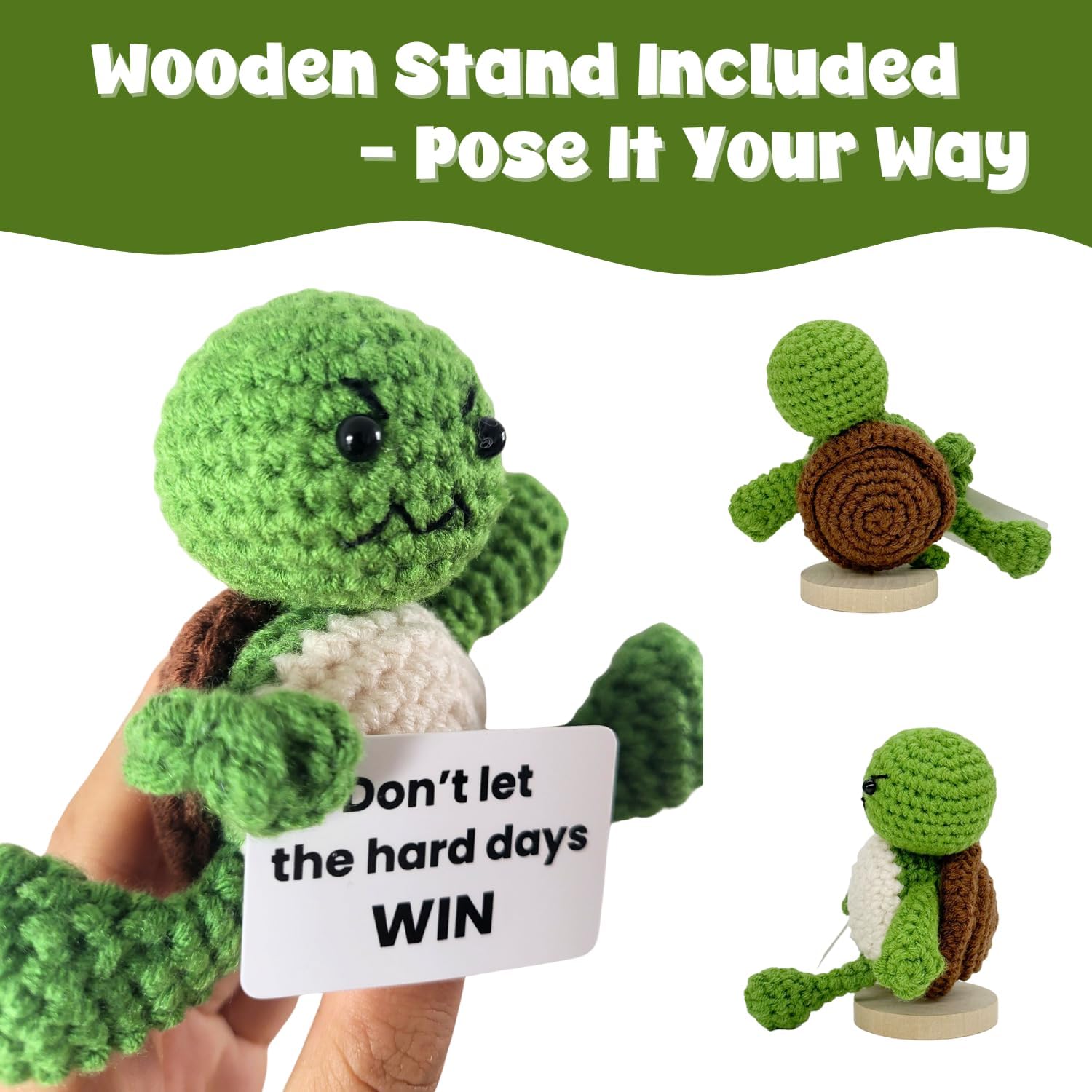 Don’t Let The Hard Days Win Crochet Turtle with Removable Quote Card, Magnetic Hands & Wooden Stand, Handmade Mini Desk Decor, Encouragement Gift for Sobriety Recovery Tough Times
