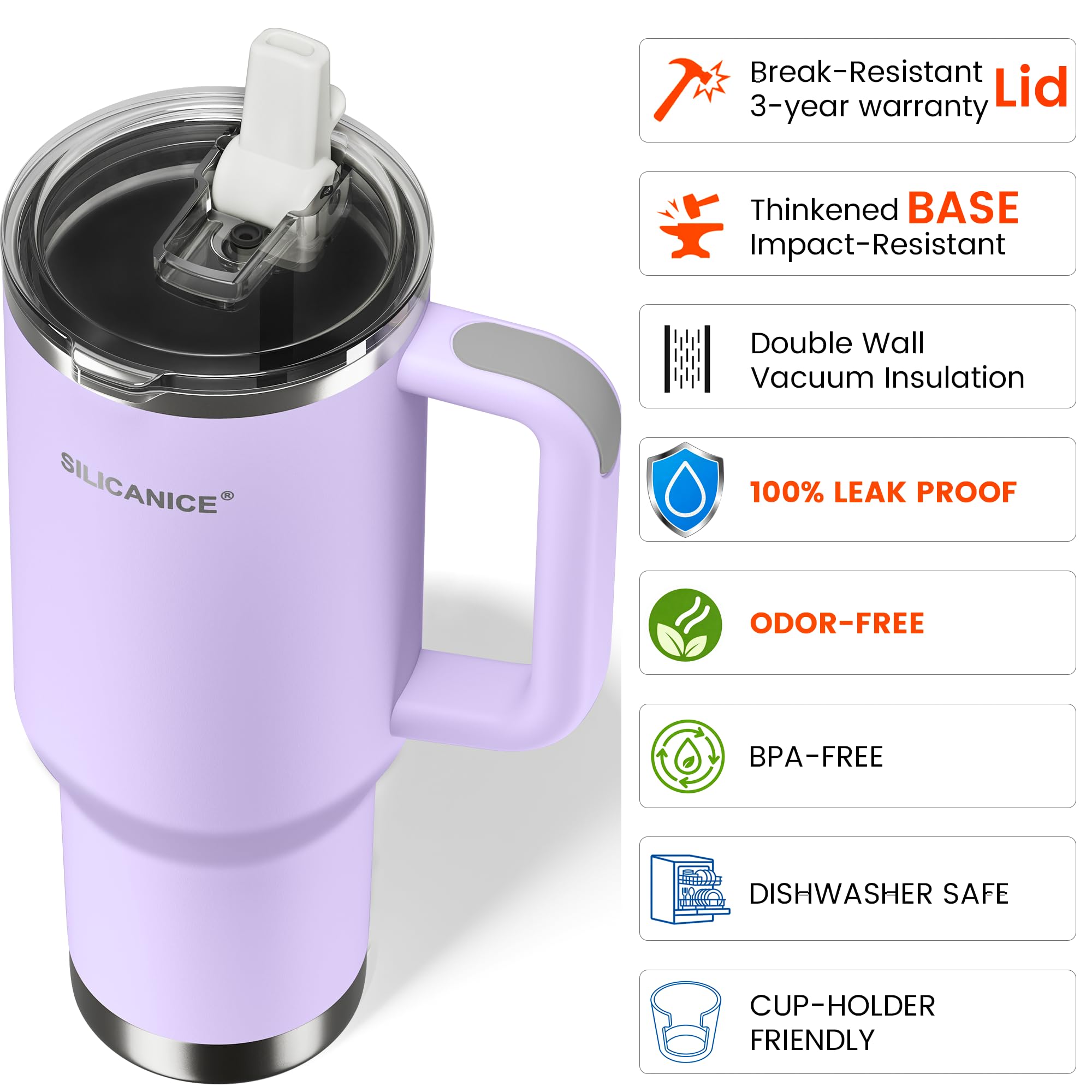 Reisebecher mit Griff und Klapp-Trinkhalm-Deckel, 1,2 l, 360 ml, 100% auslaufsicher, abnehmbarer Strohhalm, vakuumisolierter Edelstahl, Becherhalter, Geschenk für Männer und Frauen, Lila