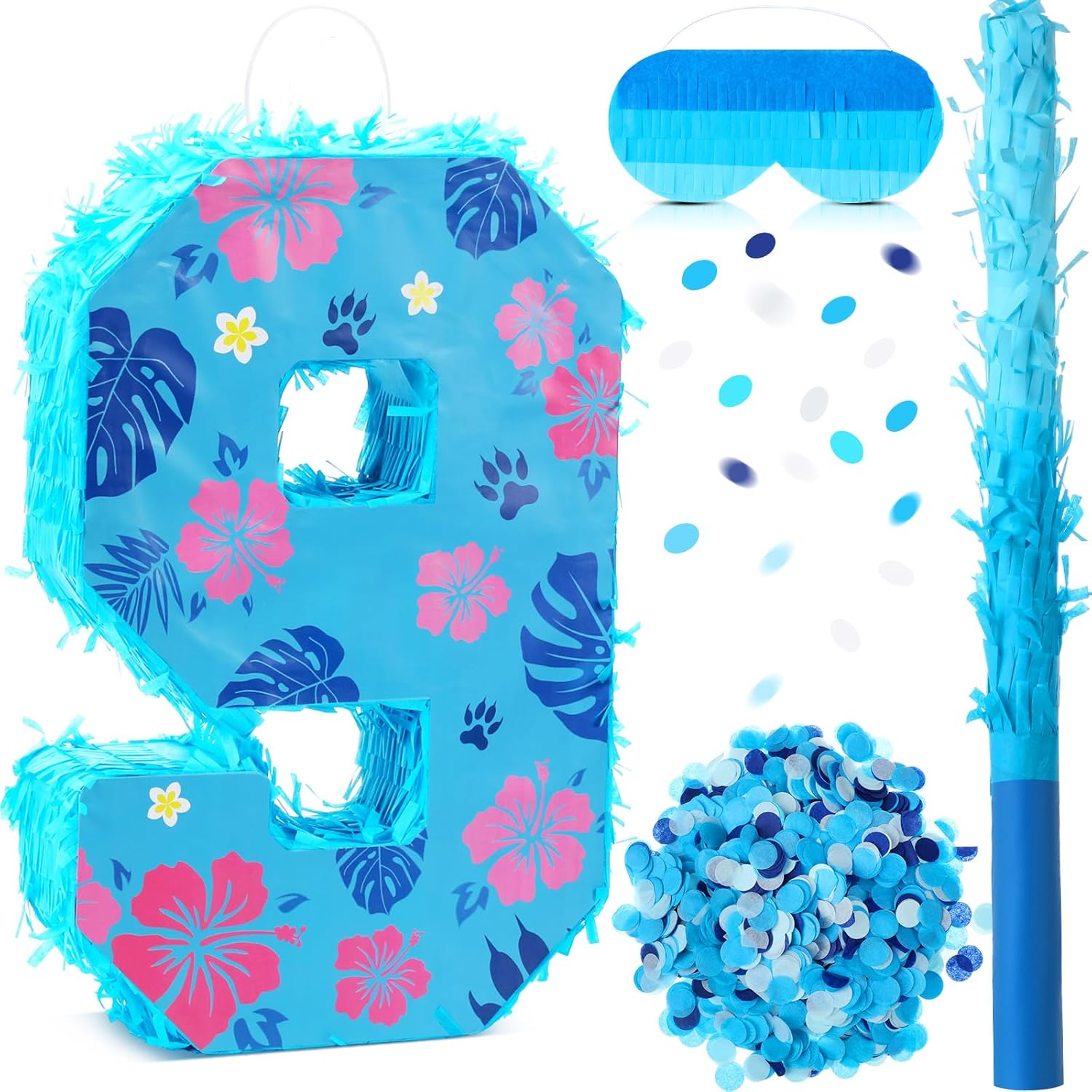 Hawaii Number 9 Piñata 16 Inch Blue Tropical Theme Piñata with Stick Blindfold Confetti for Birthday Party Supplies Decorations Anniversary Celebration