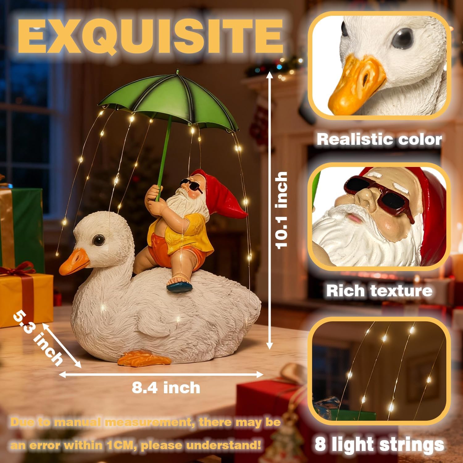 Solar Funny Garden Gnome Duck Figurine LED Lights Decorations for Yard Sculpture Outdoor Statue