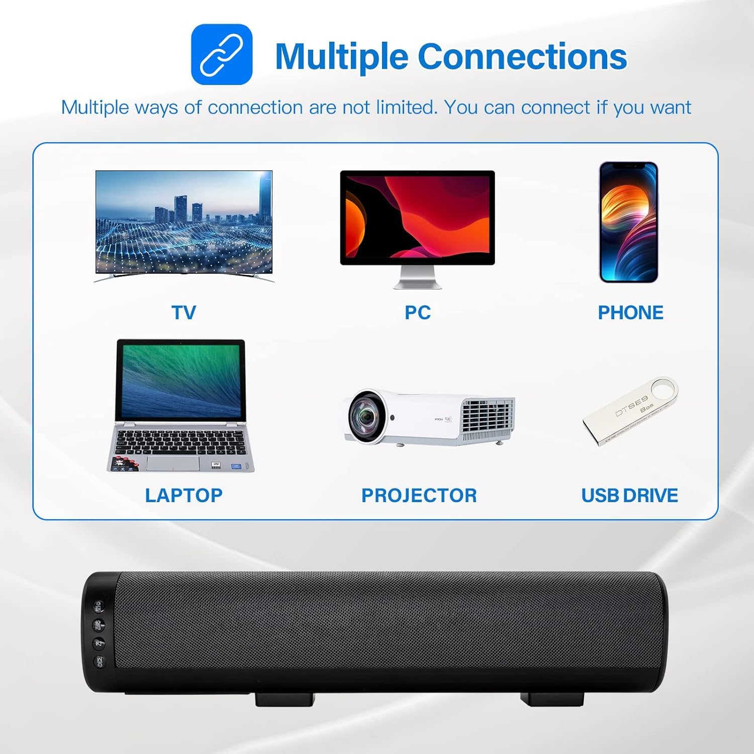 Soundbar do telewizora 40.6 cm, Cinematic TV Bluetooth Sound Bar z imponującym basem z pilotem zdalnego sterowania, montowany na ścianie, soundbar współpracuje z tradycyjnym lub Smart TV, komputerem