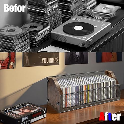 Miniatura 4 de Soporte de almacenamiento de CD, organizador de CD de madera, estante organizador de CD de estilo retro con capacidad para 32 CD, perfecto para