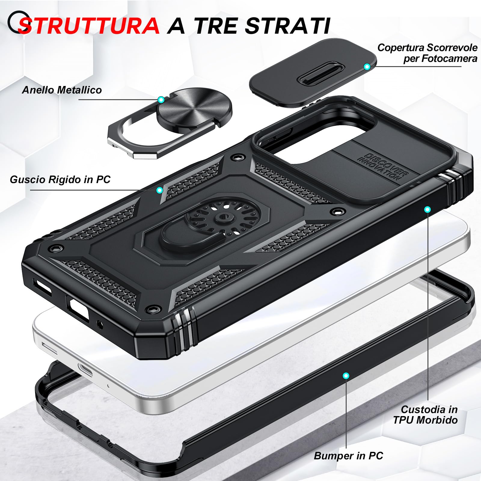 LeYi Cover per Samsung A17 5G con Vetro Temperato [2 Pack],Custodia per Samsung Galaxy A 17 con Protezione Fotocamera [Slidable] Antiurto Grado Militare 360° Anello Supporto TPU Bumper Case, Nero