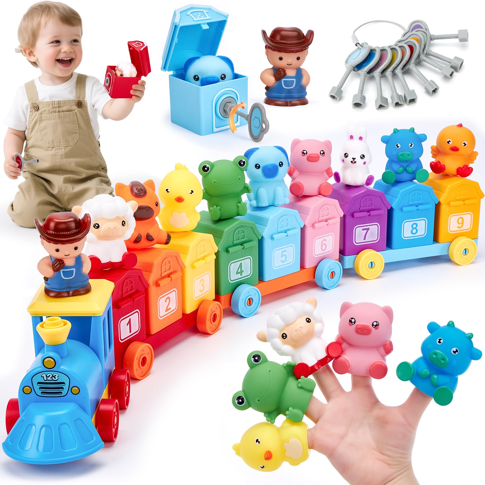 hahaland Bauernhof Montessori Spielzeug 2 Jahre mit Bauernhoftiere Fingerpuppen Schlüssel, Zug Spielzeug zum Zählen, Sortierspiel, Zuordnen, Kindertag Geschenk, Spielzeug ab 2 3 4 Jahre Junge Mädchen