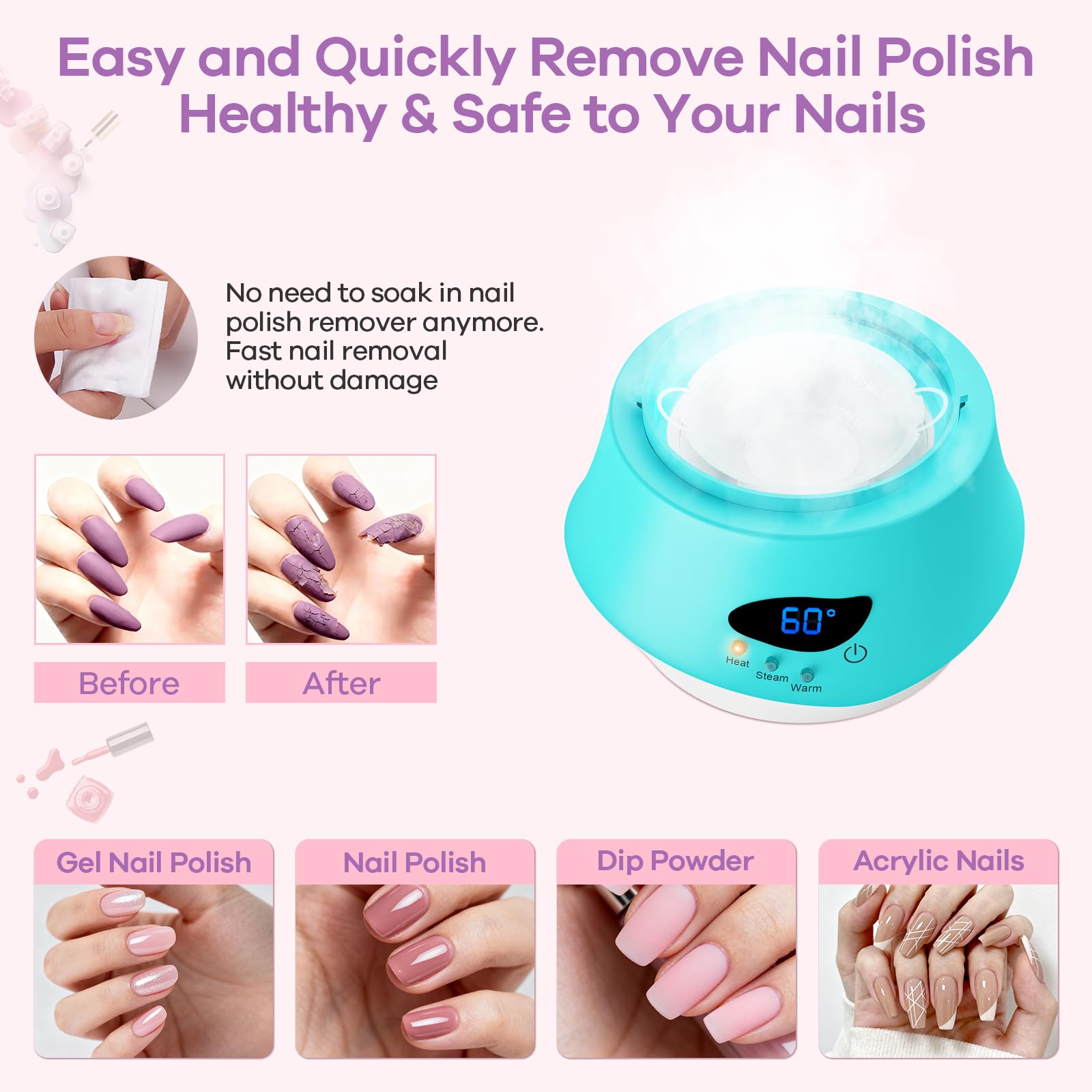 Macchina elettrica per la rimozione dello smalto gel, acetone, con tecnologia a vapore, 110 Watt, per rimuovere smalto e colla per unghie, con misurino