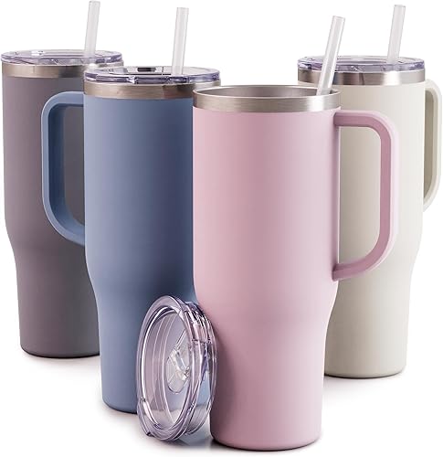Maars Charger - Taza de viaje aislada de 40 onzas con asa, vaso de acero inoxidable sellado al vacío de doble pared con popote y tapa, sombra malva