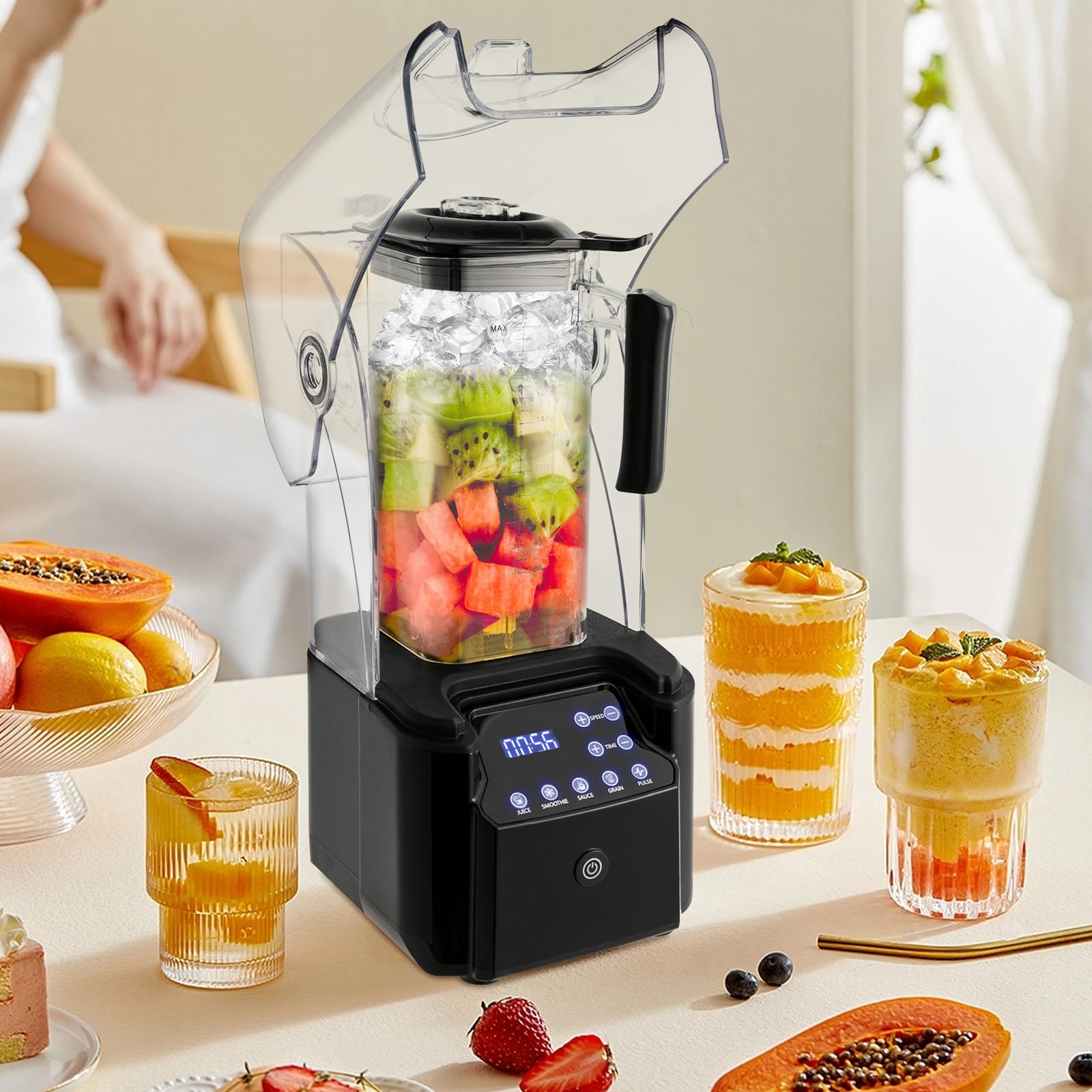 Batidora de vaso comercial de 2200 W, con recipiente de cristal, batidora de alto rendimiento para bebidas congeladas, batidos, batidos y picar hielo, color negro