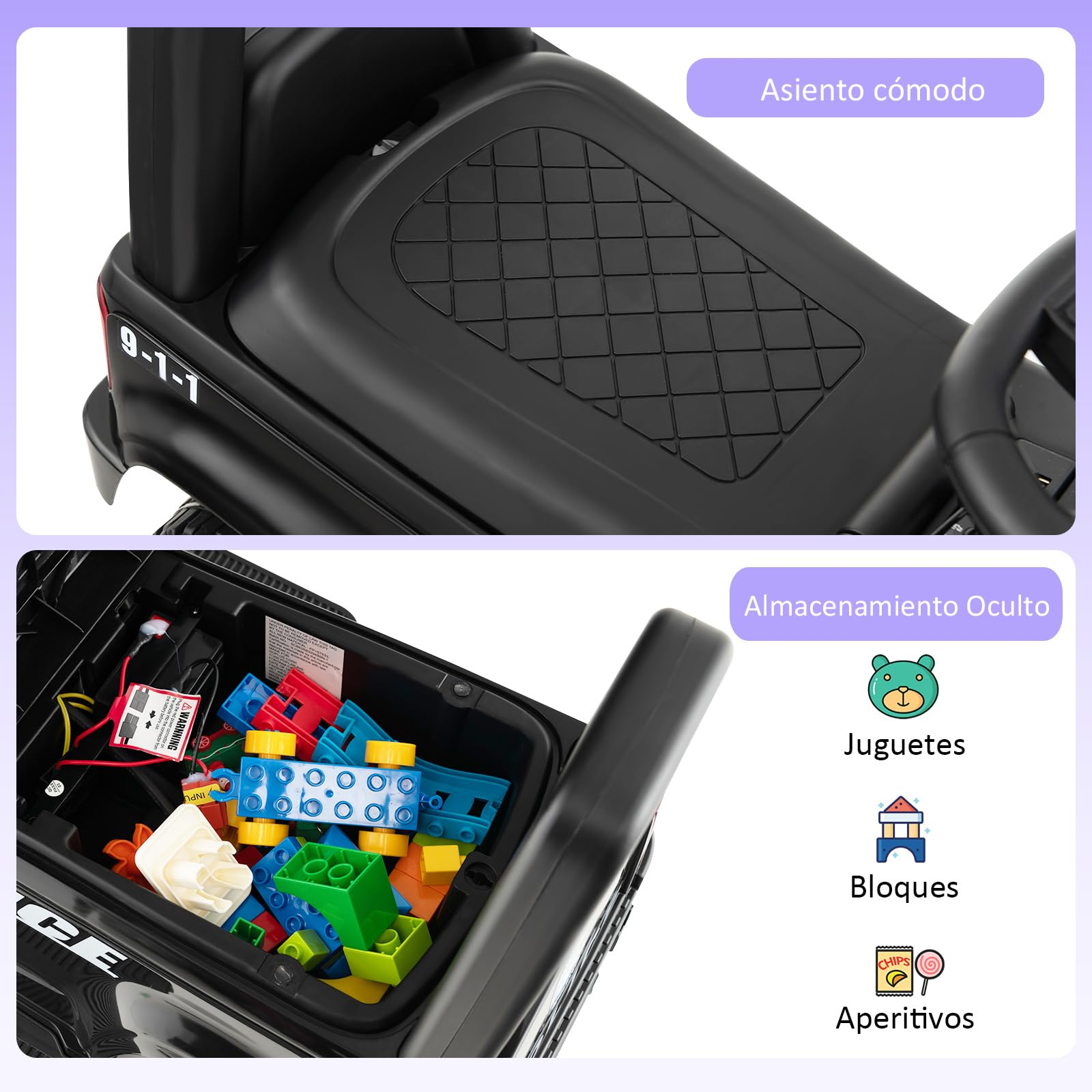 COSTWAY 6V Coche Electrico de Policía para Niños, Coche Batería para Niños con Megáfono Lateral, Bocina, Luz de Alarma y Sonido de Sirena, Reposapiés Ancho, Vehículo para 18-60 Meses (Negro)