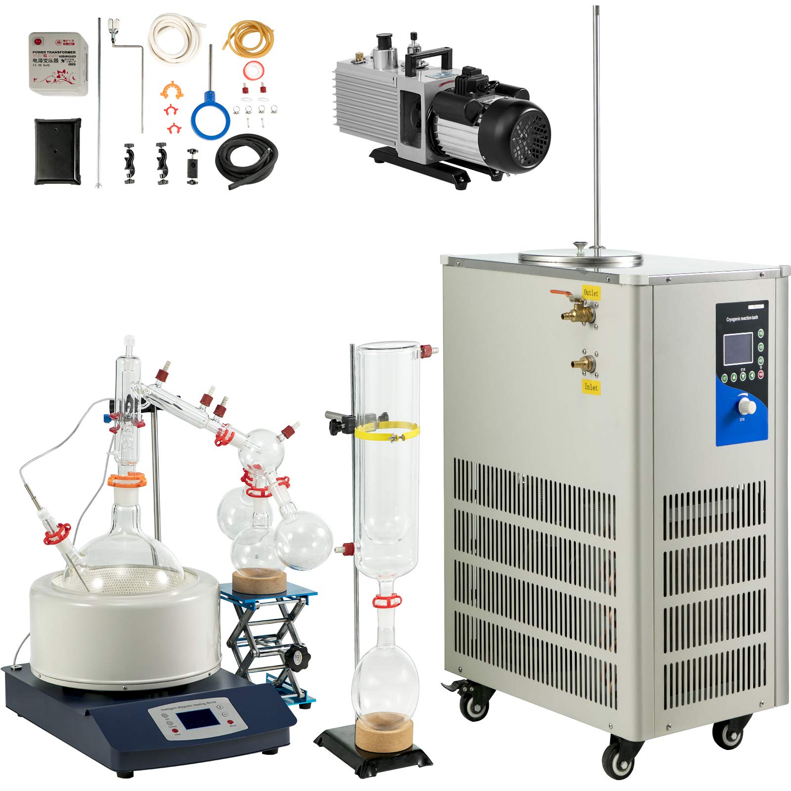 VEVOR Distillation Kit 5L Lab Distillation Kit Short Path Distillation Laboratory Glassware Equipment with Vacuum Pump & Circulator Chiller for Chemistry Essential Oil Water Purifier Set in White