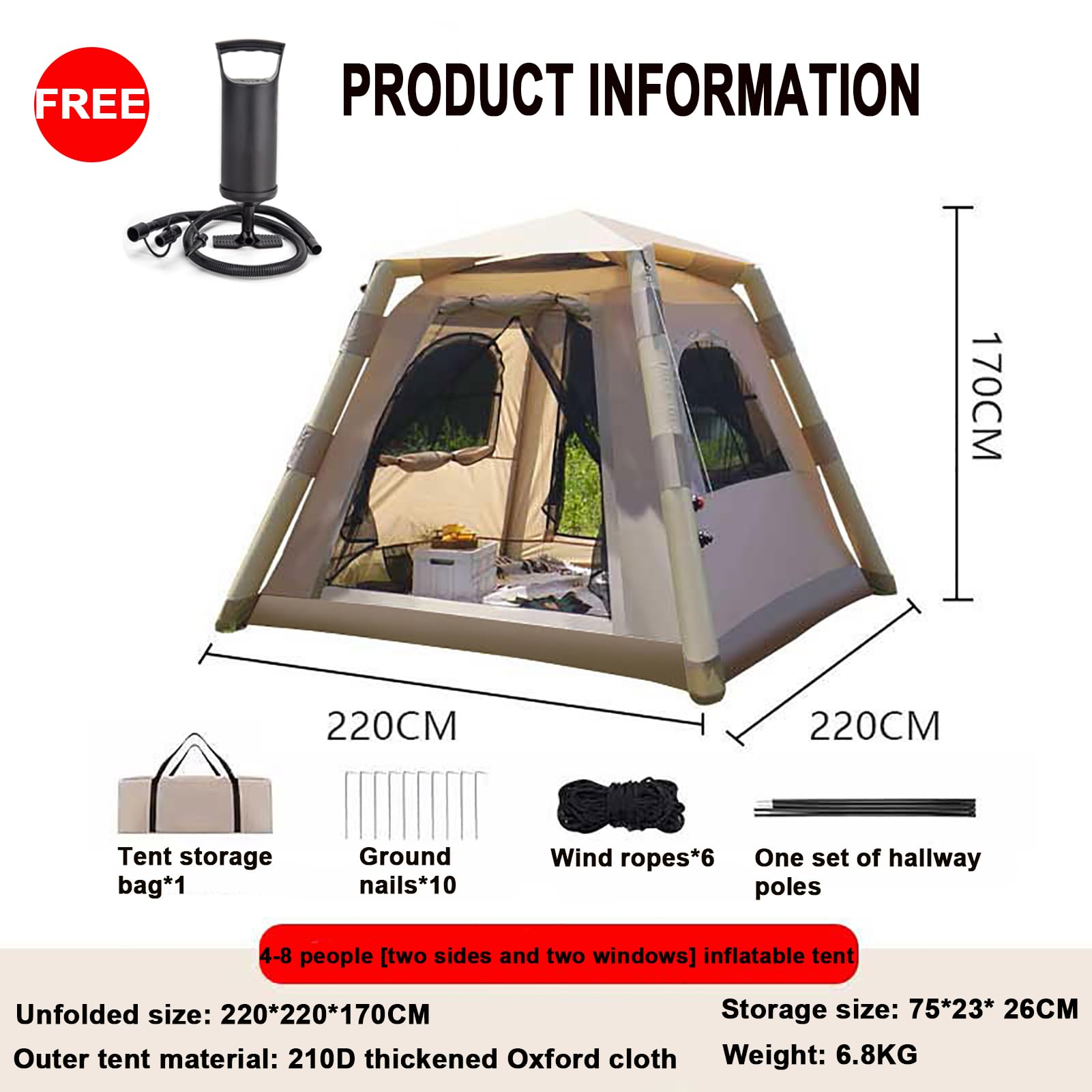 Tenda gonfiabile per campeggio 4 persone, Tenda da campeggio gonfiabile con pompa, Glamping Tenda per famiglia 4 stagioni, impermeabile per esterni, con finestra e porte in rete