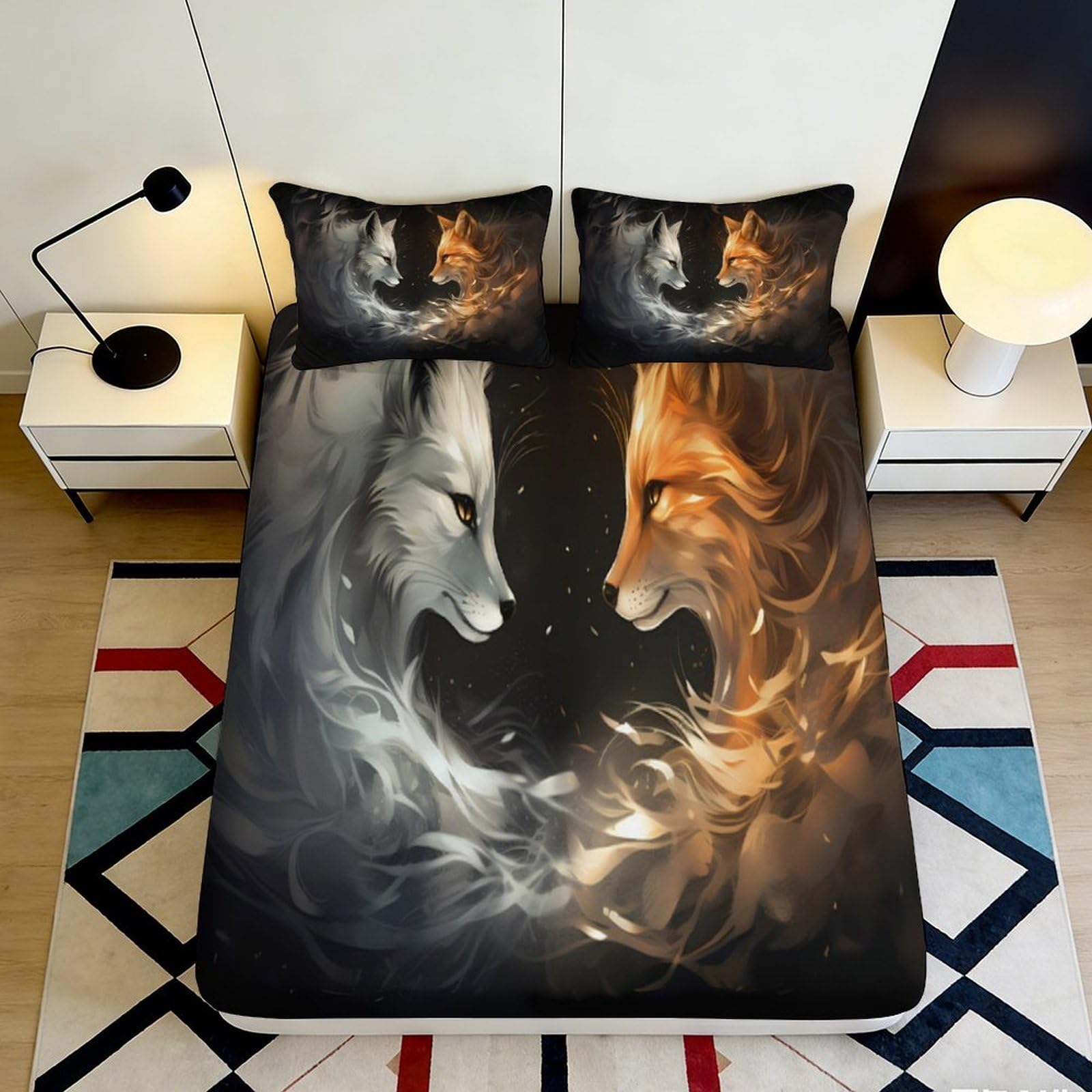 3D Printed Wolf Spirit Fitted Sheet Microfiber Soft Non-slip Fox Flame Mattress Cover for Bedroom Dorm Decor 180x200x25cm