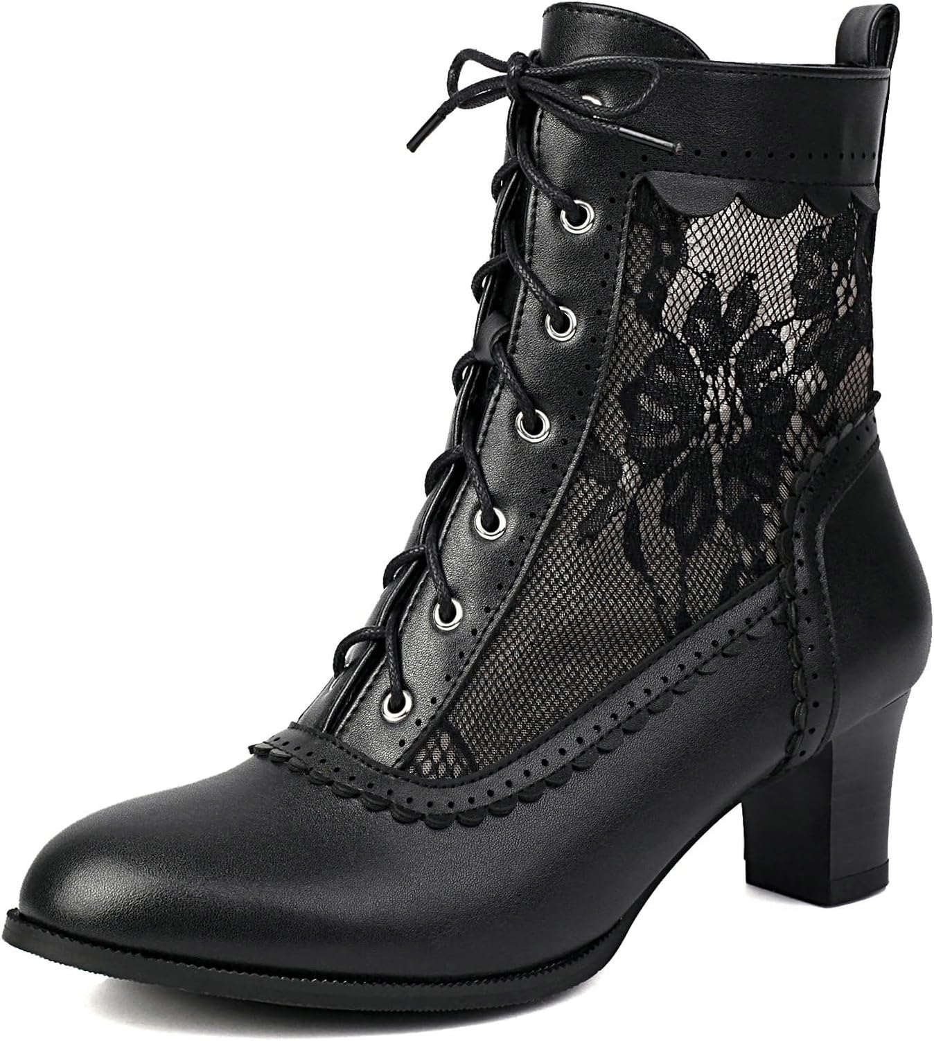 Women Vintage Victorian Boots Kitten Heel Lace Up Ankle Boots 70s Witch Granny Booties Side Zipper Round Toe Victorian Shoes