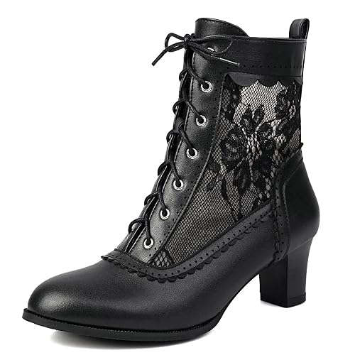 Uniquelly Women Vintage Victorian Boots Kitten Heel Lace Up Ankle Boots 70s Witch Granny Booties Side Zipper Round Toe Victorian Shoes - 12.5 - Black Style C