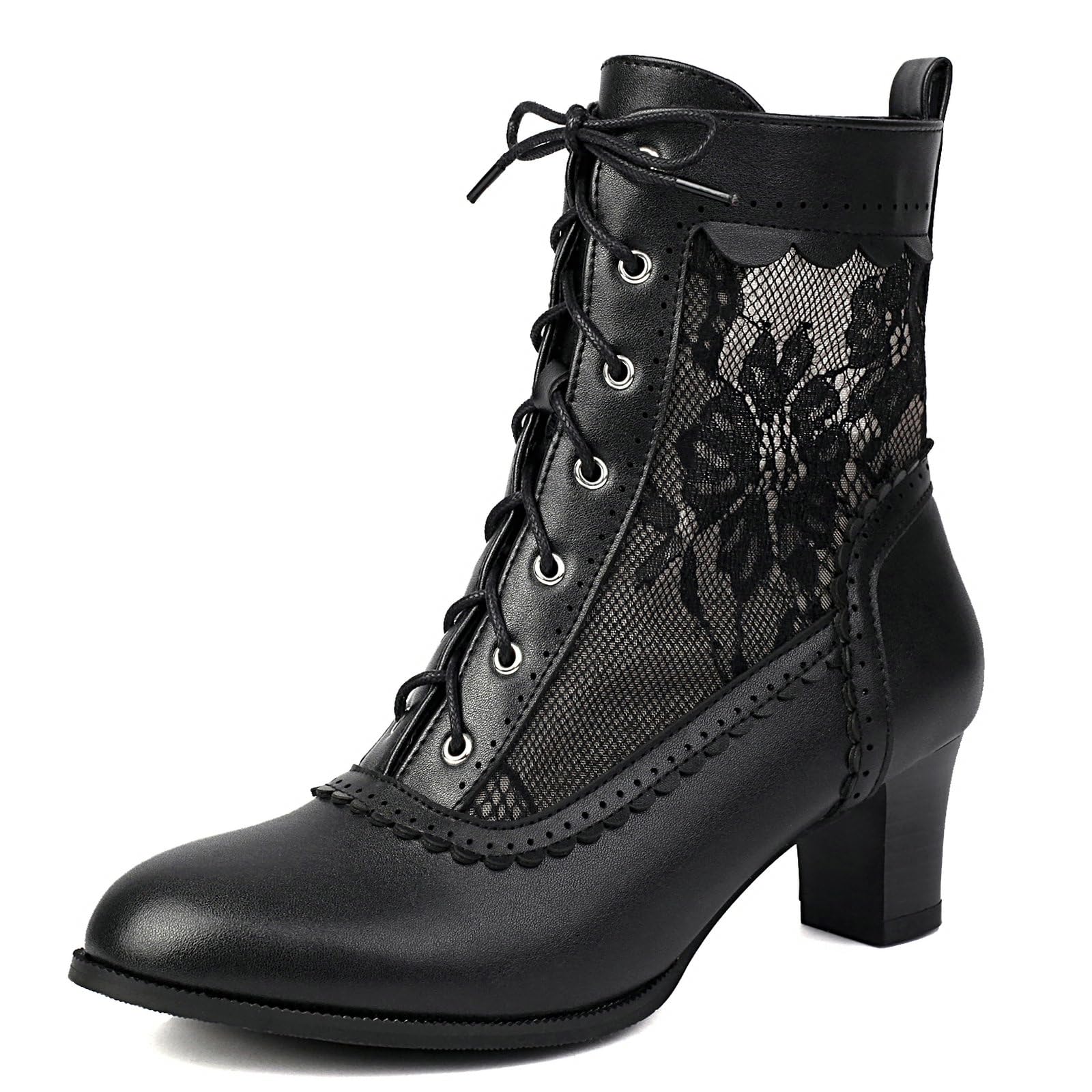 Uniquelly Women Vintage Victorian Boots Kitten Heel Lace Up Ankle Boots 70s Witch Granny Booties Side Zipper Round