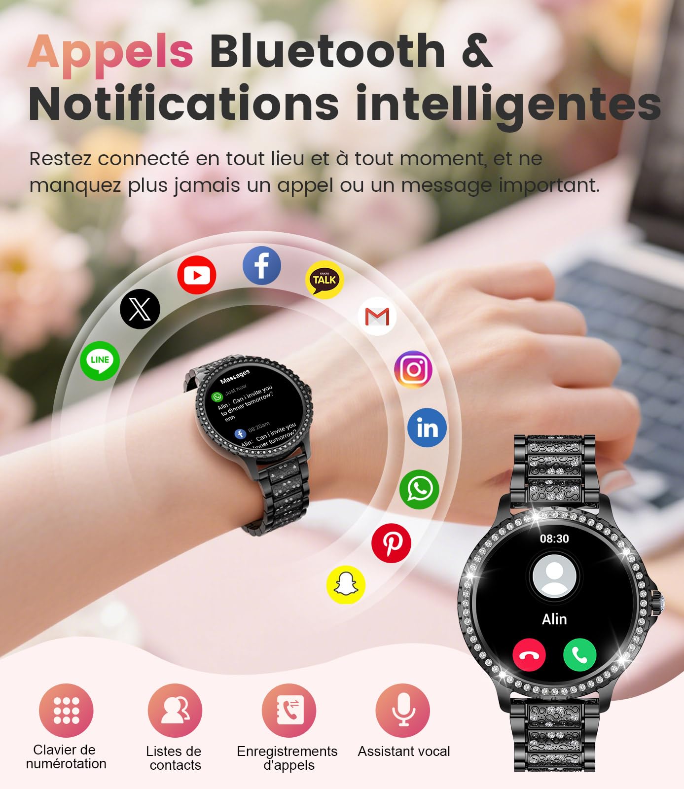 LIGE 1.32" HD Montre Connectée Femme avec Appel Bluetooth, Smartwatch IP68 avec Fonction Féminine/120+ Modes Sport/Fréquence Cardiaque/Sommeil/Cycle menstruel/Podomètre Calories pour Android iOS Noir