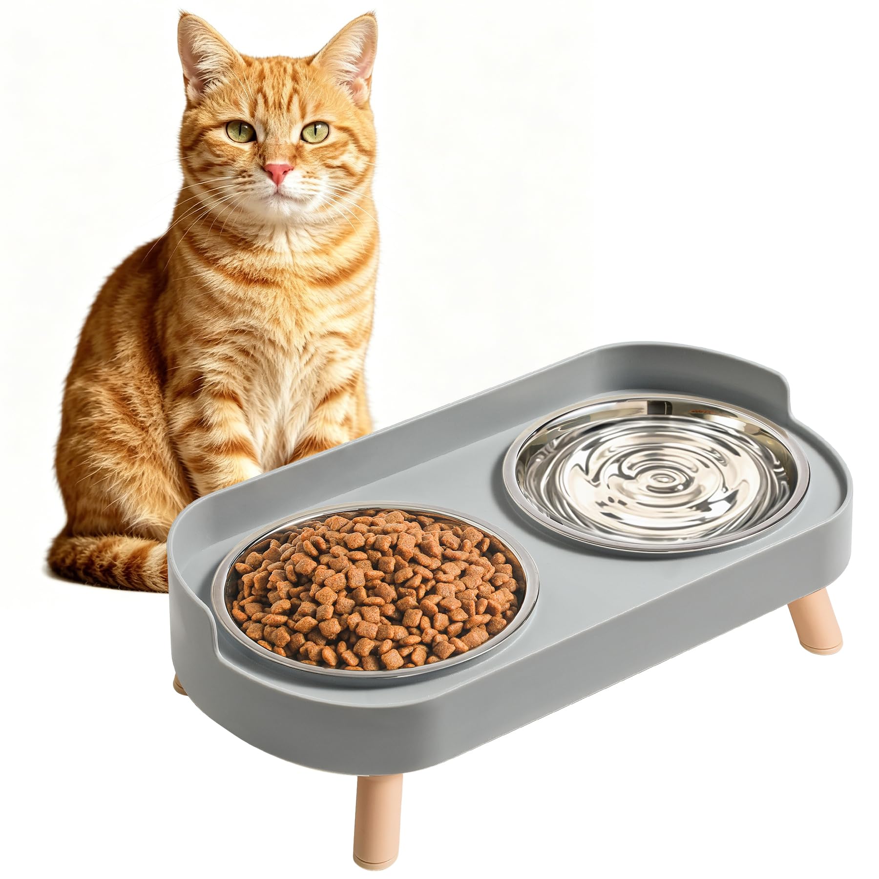 LoeJan Elevated Cat Bowls Set - Raised Cat Food and Water Bowl Set with Non Slip Stand - Pet Feeding Station with 2 Stainless Steel Bowls with Splash Proof Guard
