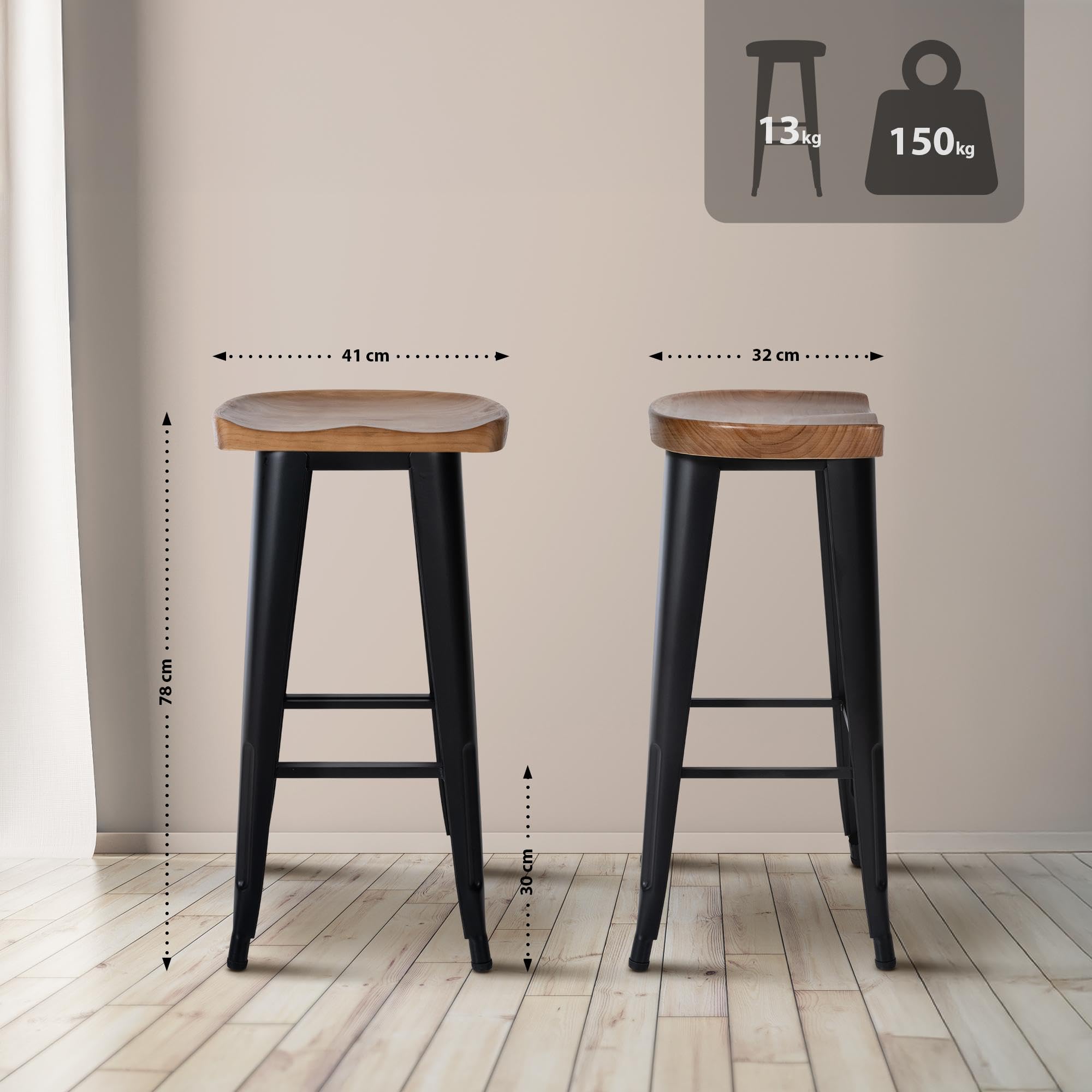 CLP Tabouret de Bar Clara I Chaise de Bar avec Assise en Bois Massif I Chaise de comptoir avec piètement Stable à Quatre Pieds en métal Noir | Couleur Noir