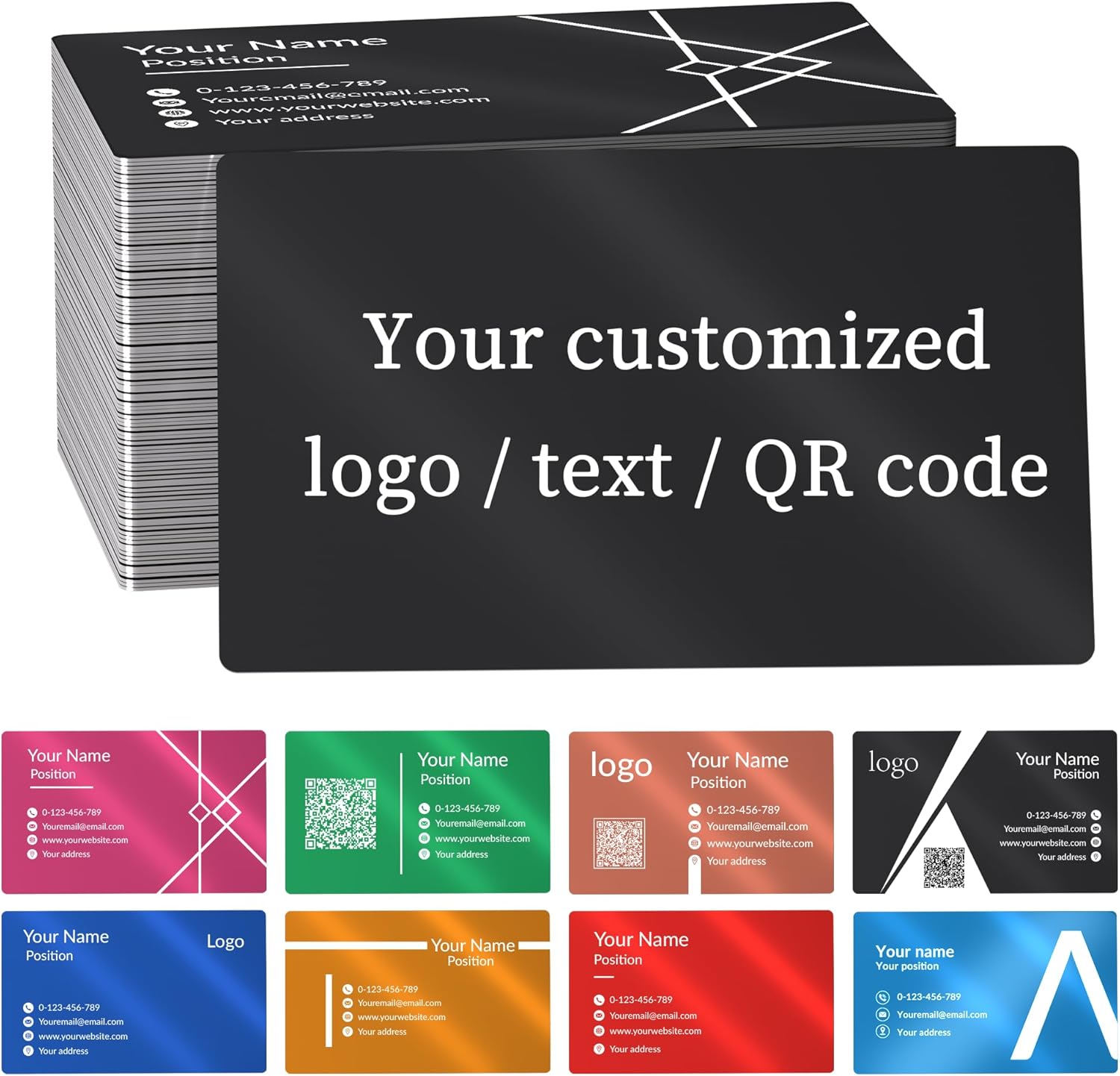 Custom Personalized Metal Business Cards 30–500 Count, Colored Anodized Aluminum, White Laser Engraved Your Logo/Name/Text/QR, 3.4 x 2.1 in, Double-Sided, for Small Business & Networking