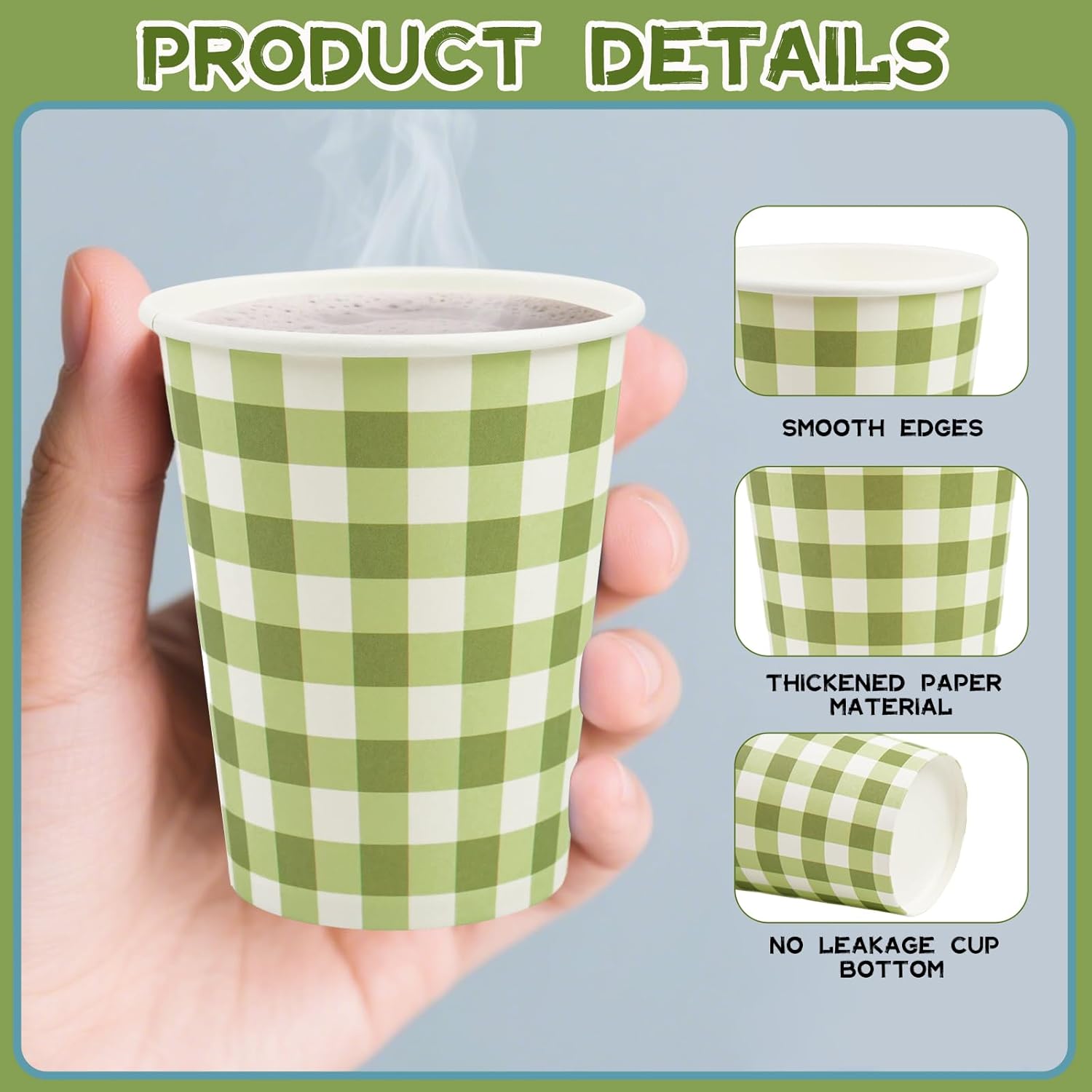 120Pcs Sage Green and White Gingham Paper Cups - 9oz Disposable Plaid Cups Checkered Drinking Cups for Birthday Baby Shower Fiesta Picnic Party Supplies - Image 3