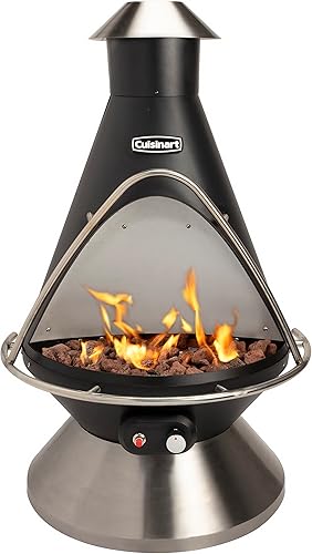 Cuisinart Chimenea de propano para fogata, 40,000 BTU ajustable a gas para patios, incluye rocas de lava, escudo térmico direccional y encendido de