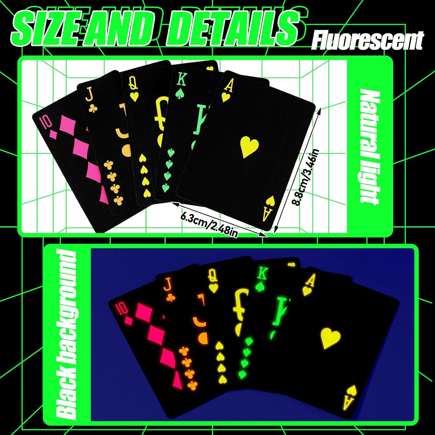 Silipull 1 Pack UV Black Light Playing Cards Neon Fluorescent Glow in the Dark Playing Cards Deck Black Light Games for Casino Night Collectors Party Gift Accessories Birthday Supplies