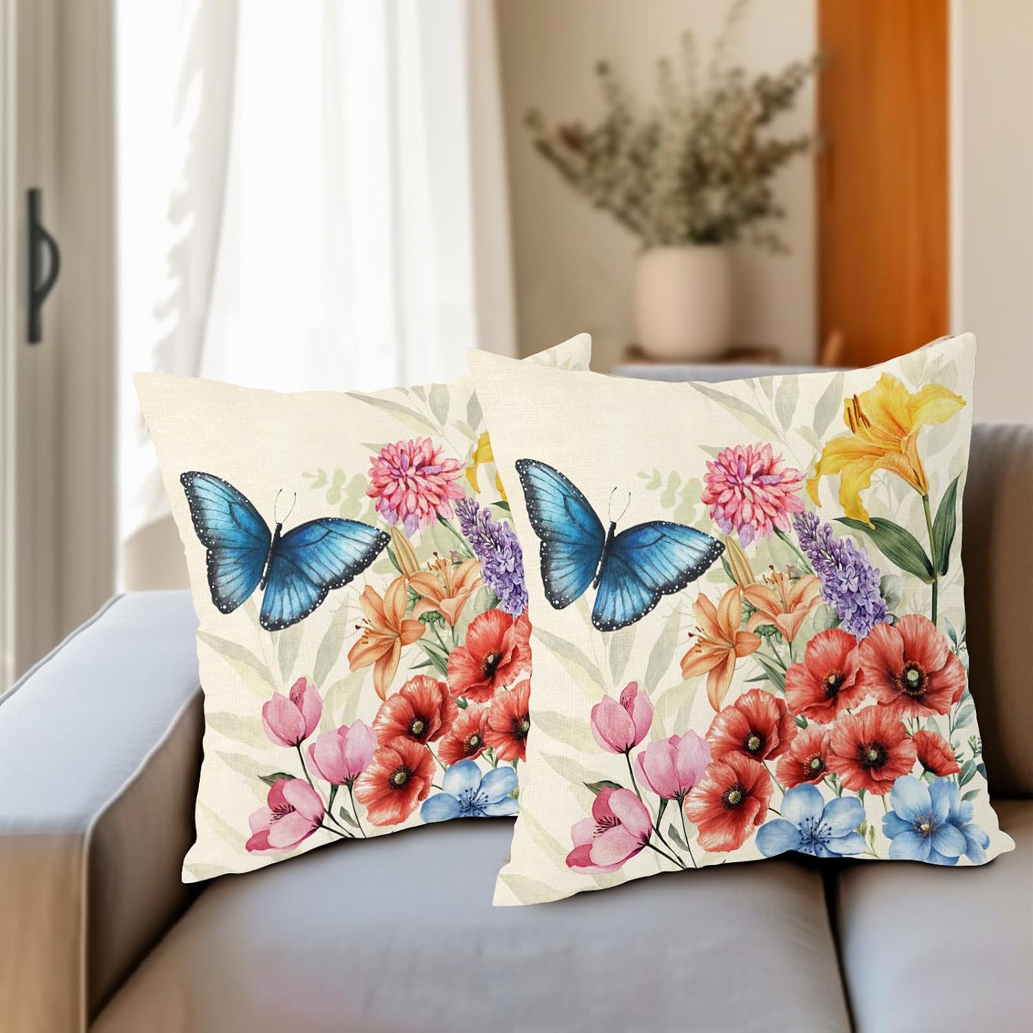 Floral Outdoor Pillow Covers 24x24 Inch Set of 2 Spring Vintage Flower Decorative Throw Pillow Covers Farmhouse Butterfly Pillowcases Cotton Linen Cushion Covers for Sofa Couch Bed Home Decor