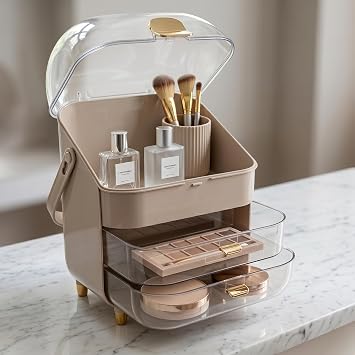 Premium Çekmeceli ve Kapaklı Taşınabilir Makyaj ve Kozmetik Düzenleyici, Pembe ve Milky Coffee Renk Seçenekleri, Altın Aksesuarlı (Sütlü Kahve)