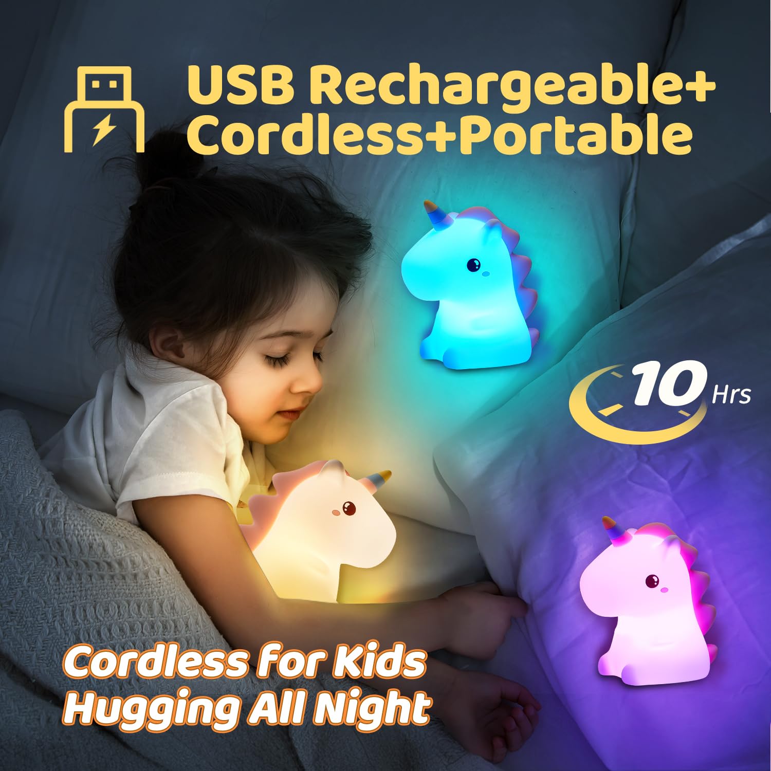 One Fire Luce Notturna Bambini, Unicorno Bambina Regalo Battesimo,16 Multicolori Silicone Lampada Notturna per Bambini, USB Ricaricabile LED Luci Notturne per Bambini Cameretta Bambina Regalo Neonato