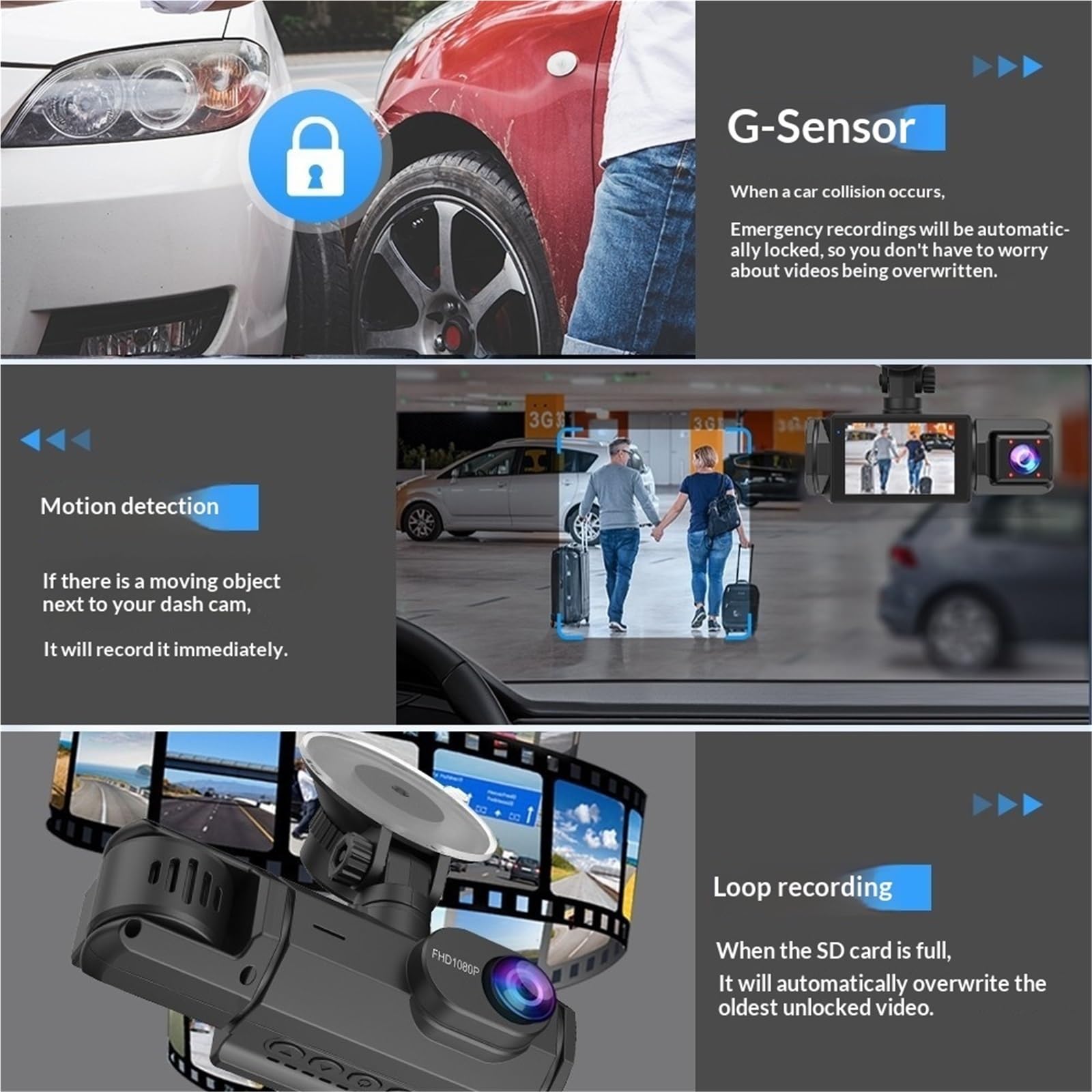 Kamera samochodowa, Kamera WIFI Do Samochodu 3-kanałowa Przednia/Wewnętrzna Tylna Rejestrator Wideo 1080P Dashcam Black Box DVR, dla samochodów
