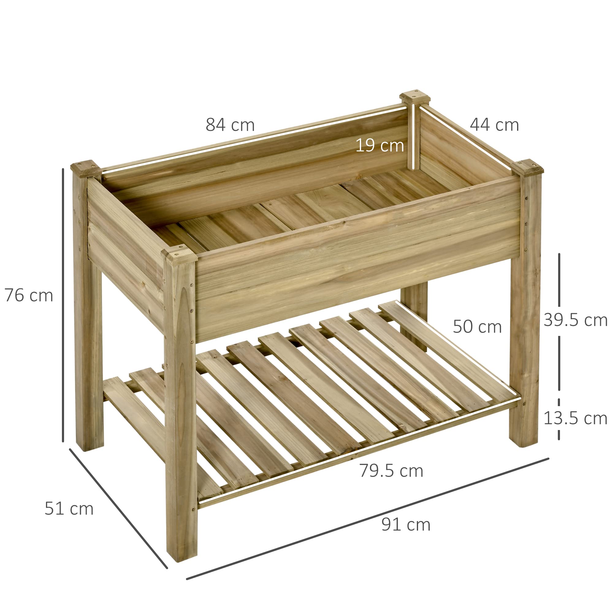 Outsunny Letto per Orto Rialzato in Legno con Ripiano Inferiore, Fioriera da Esterno Portapiante per Giardino e Balcone, 91x51x76cm