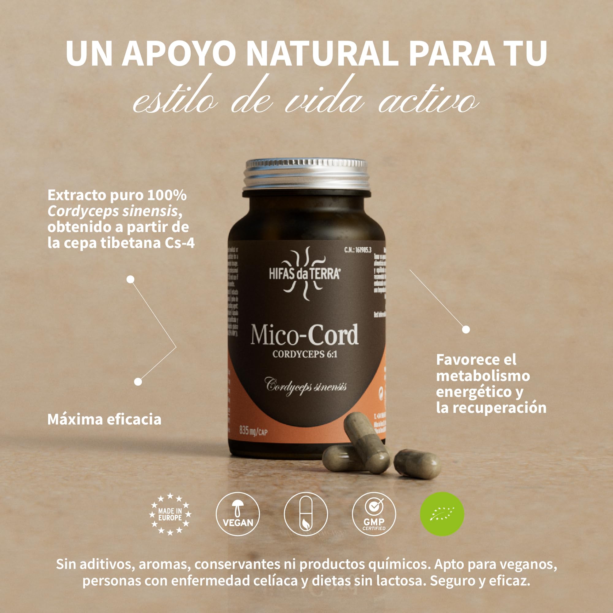 HIFAS DA TERRA - Mico-Cord Extracto Puro de Cordyceps + Vitamina C Natural - Extracto de Hongos - Energía, Vitalidad, Rendimiento Físico y Recuperación Natural - Bote 70 Cápsulas