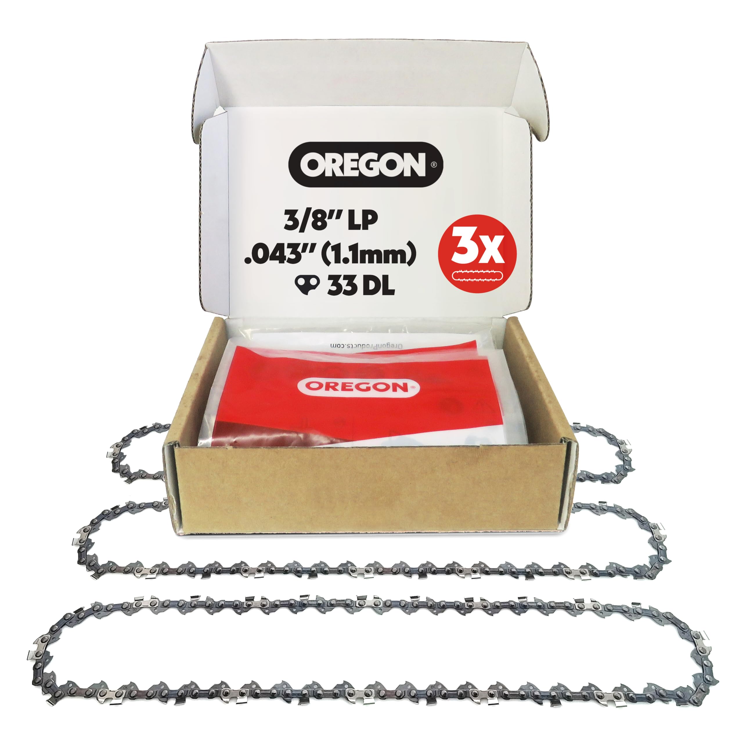 Oregon 3-er Pack Sägekette 3/8 LP Teilung, 0,43 Zoll (1,1 mm) Stärke, für 8 Zoll (20 cm) Führungsschiene, 33 Treibglieder - Geringer Rückschlag Ersatzsägekette für Bosch, Makita, Ryobi, Worx und mehr