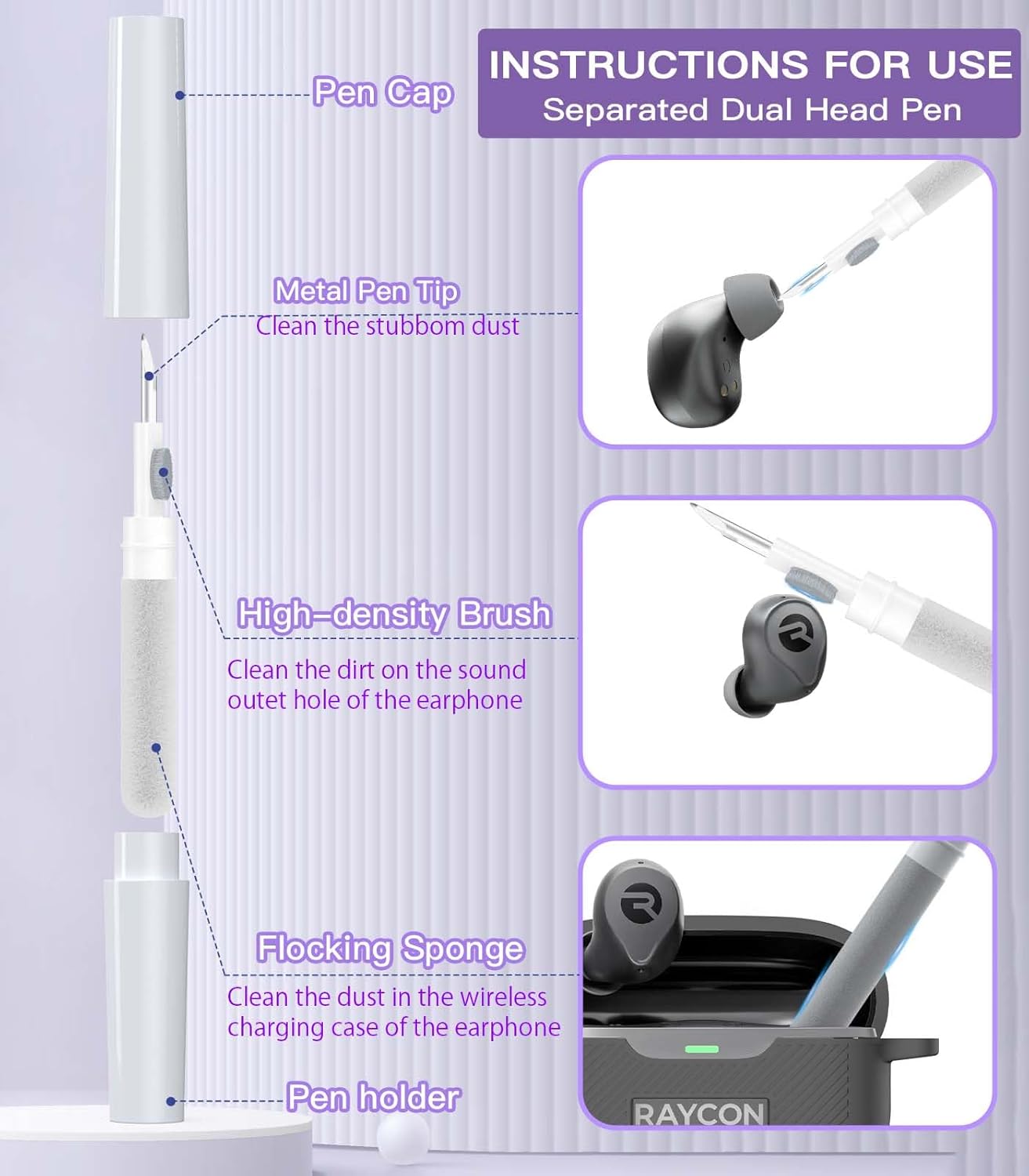 [3 in 1] for Raycon Everyday Earbuds(2024 Edition) Case Cover with Cleaner kit, Logo Visible Design Shockproof Silicone Protective Cover for Raycon Everyday Earbuds with Carabiner-Black - Image 7