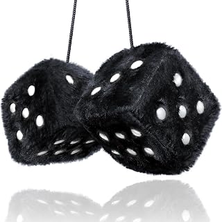 Black Fuzzy Dice - 2.5” Cute Car Accessories for Interior Rear View Mirror Hanging Ornament Decorations - Furry Plush 1970s Classic Retro Decor Y2K McBling 2000s Aesthetic Girly Stuff - Black White