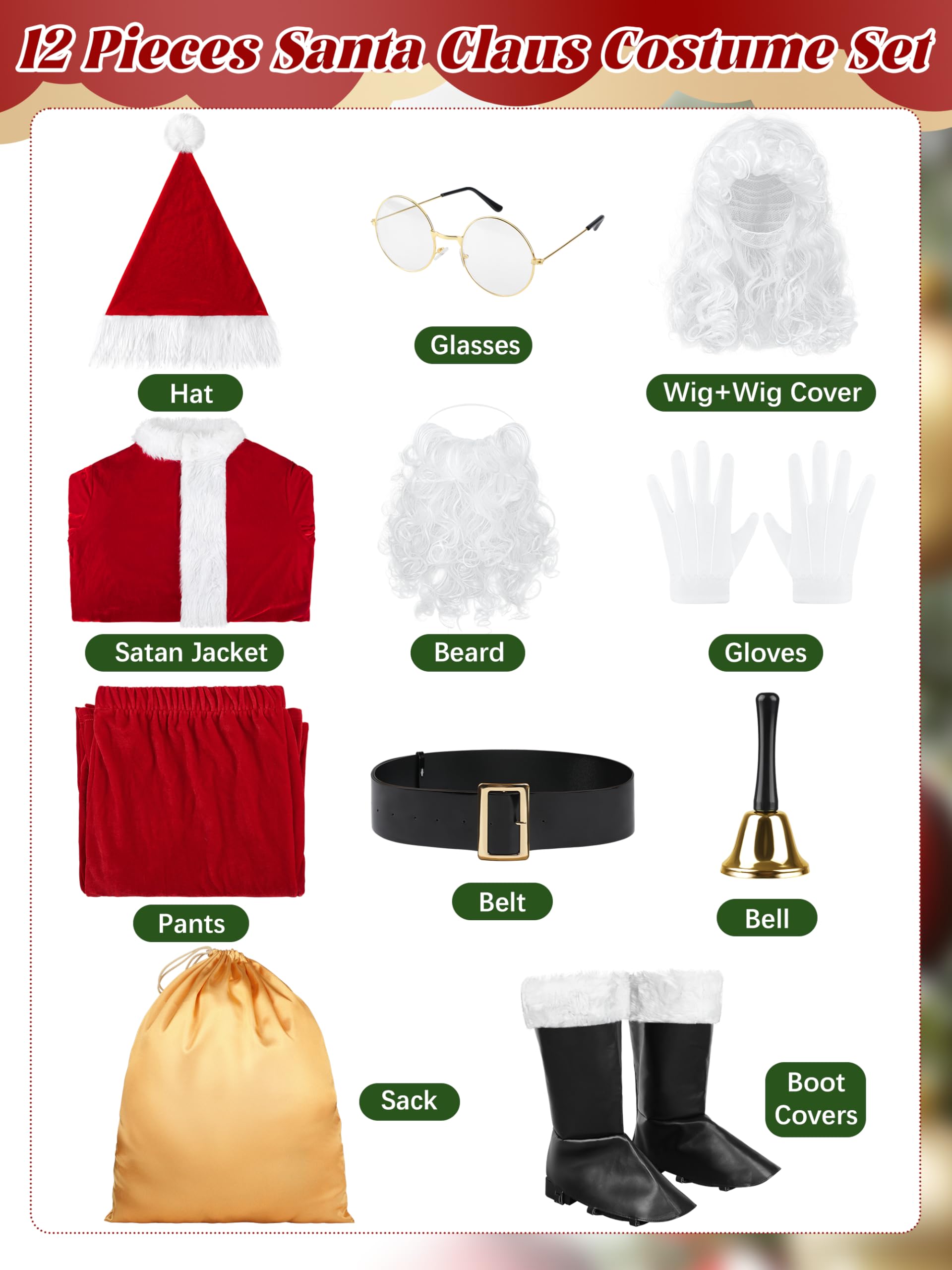 Santa Claus Costume for Men, 12 Pieces Christmas Santa Suit Adult Men Outfit Suits Cosplay Velvet Coat