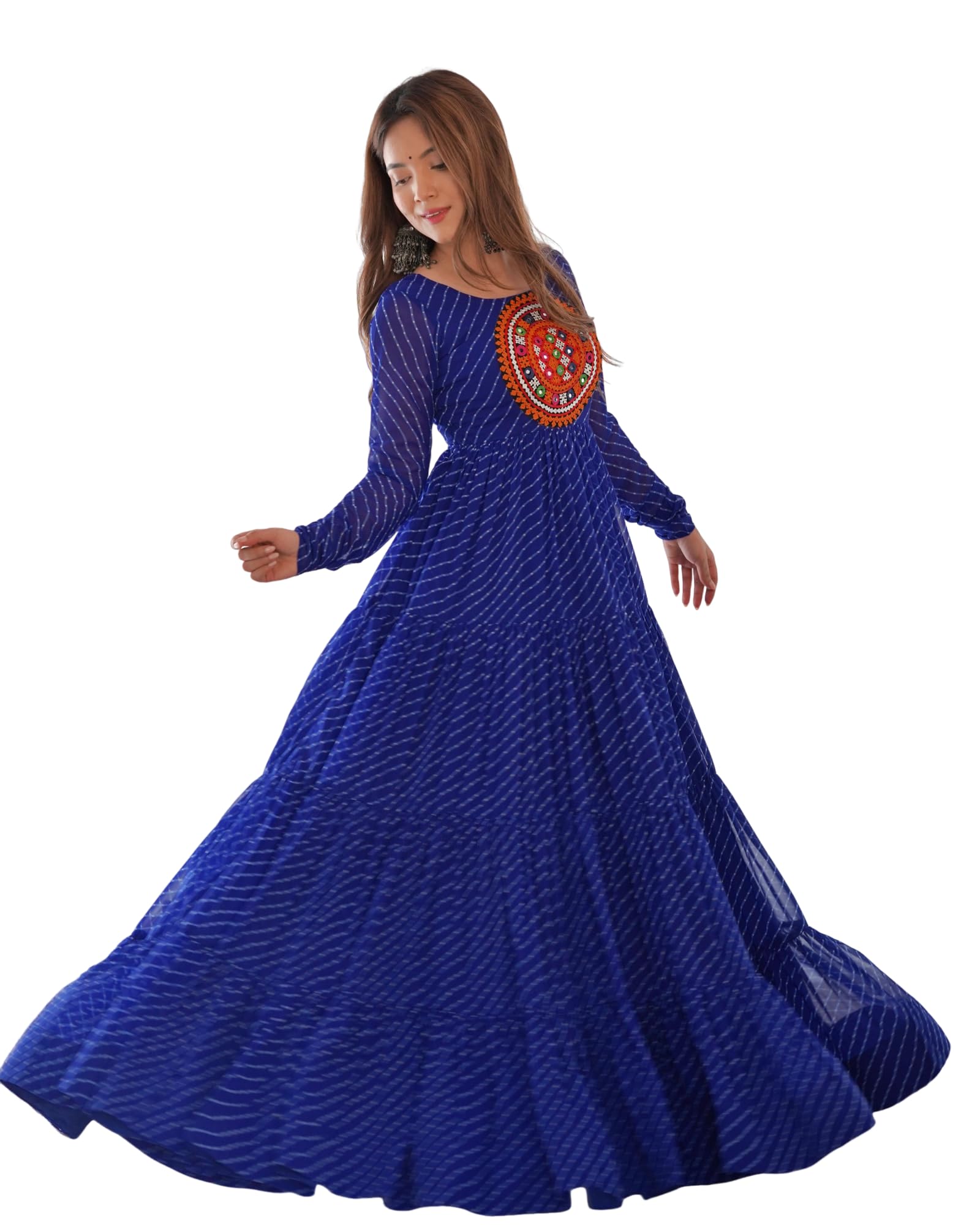 RadhikaRani Indian Style Pure Soft Georgette Laheriya Print and Yoke Fancy Gamthi Work Patch Anarkali Gown with Pant