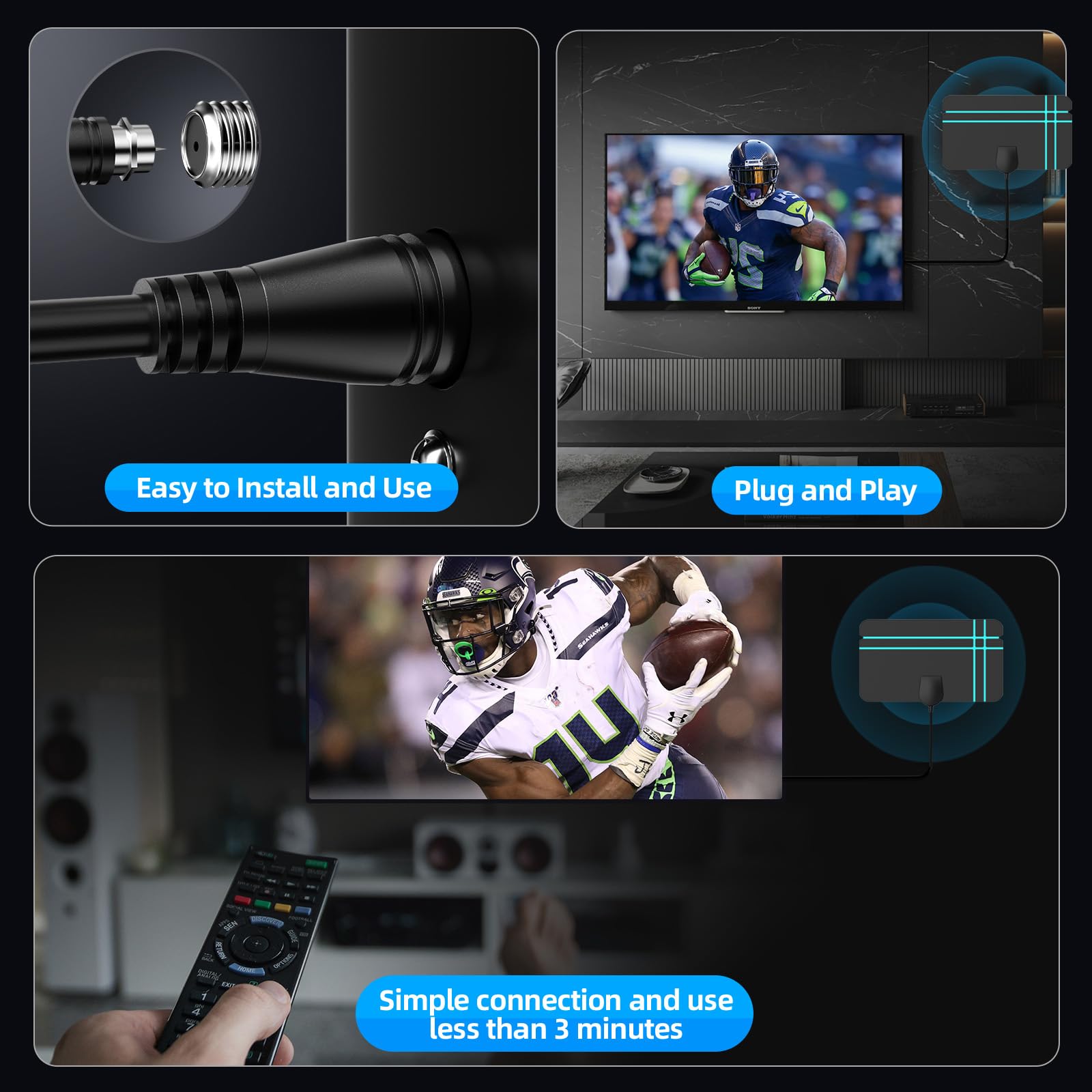 TV Ariels Indoor,650+ Miles Range Indoor TV Aerial for Smart TV and Older with Signal Booster - Digital Aeria for Local Channels Support HD 4K 1080P -16.4ft Aerial Cable (Classic Black) - 4