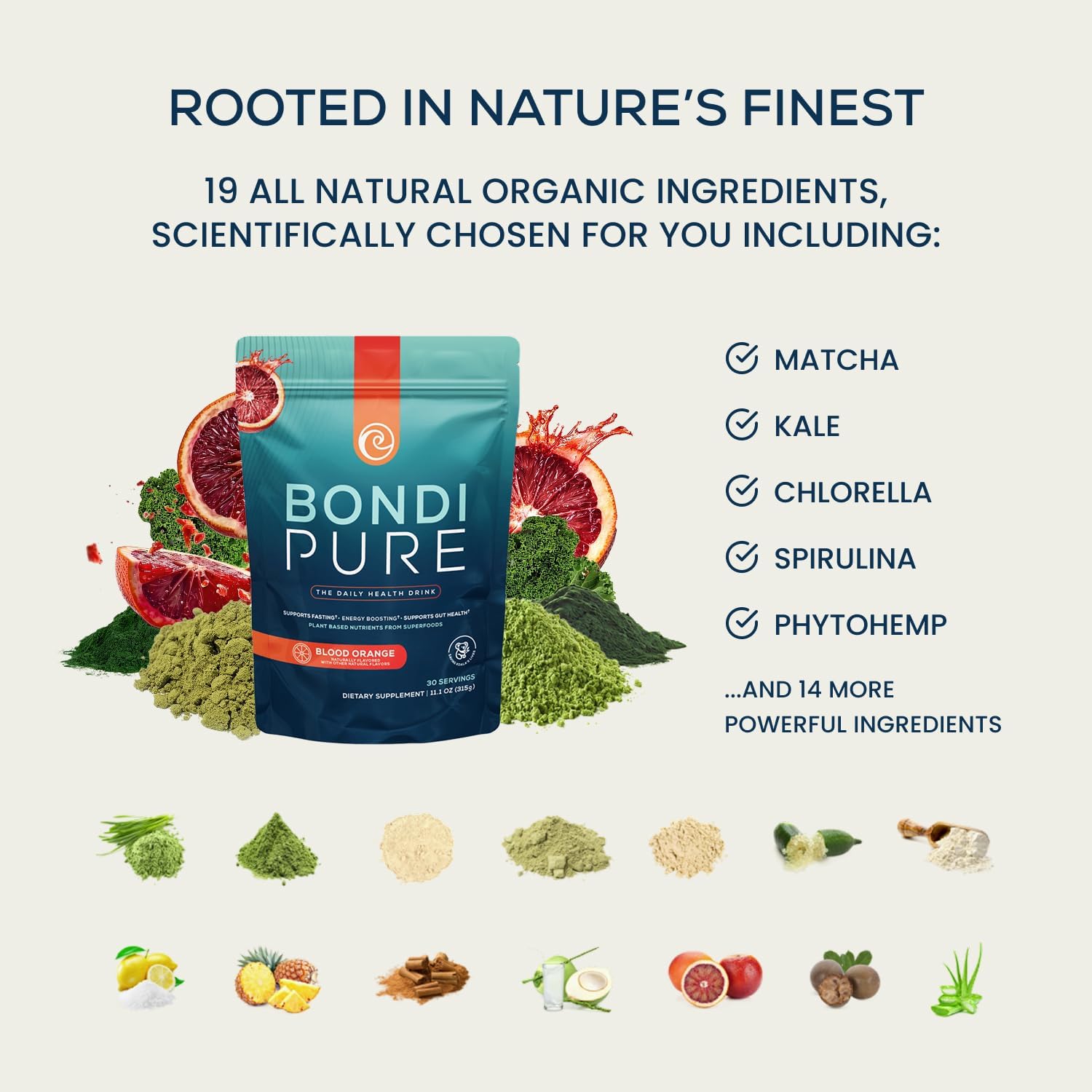 Bondi Pure - Daily Health & Detox Drink - Promote Gut Health & Energy Support During a Cleanse or Intermittent Fasting - Plant-Based Fibers, Alkalizing Super Greens - Blood Orange (30 Servings)