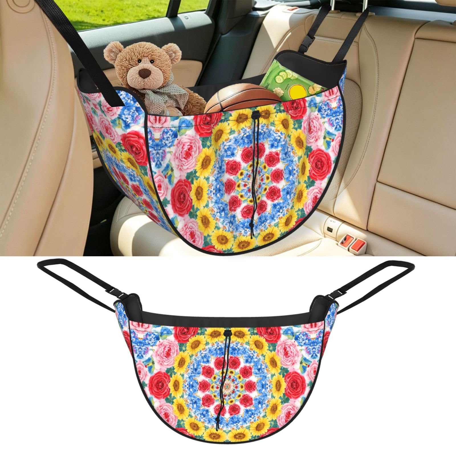 Cntdbu Black Flower Kaleidoscope Car Seat Organizer-Backseat Storage Bag For Travel