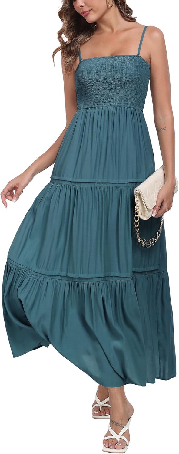 Women's Boho Summer Maxi Dress - Strapless Sleeveless Tiered Long Sun Dress With Smocked Top